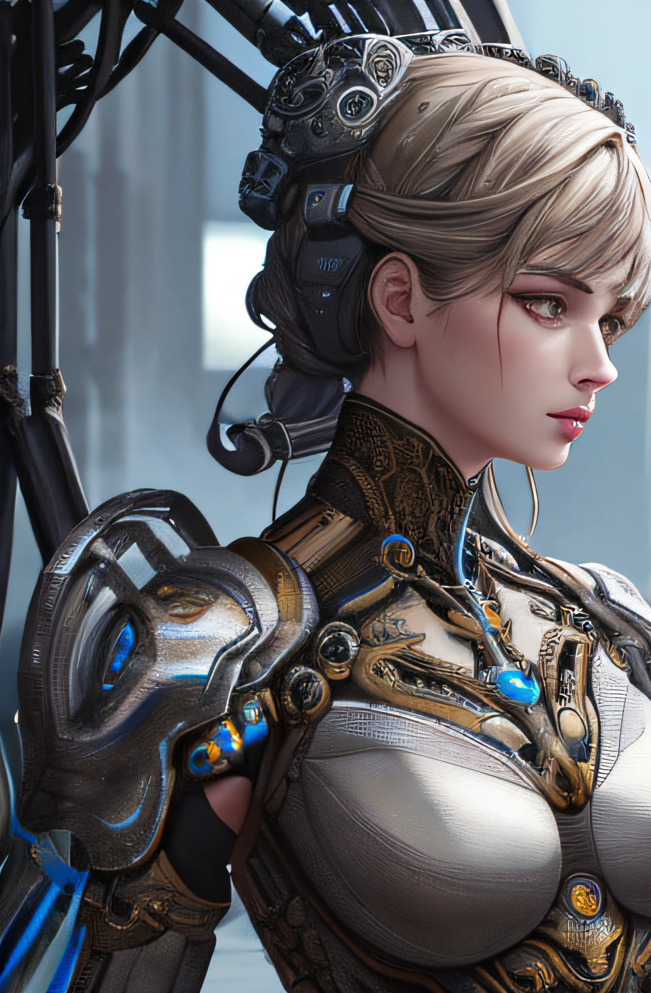 1mechanical girl,((ultra realistic details)), portrait, global illumination, shadows, octane render, 8k, ultra sharp,metal,intricate, ornaments detailed, cold colors, egypician detail, highly intricate details, realistic light, trending on cgsociety, glowing eyes, facing camera, neon details, machanical limbs,blood vessels connected to tubes,mechanical vertebra attaching to back,mechanical cervial attaching to neck,sitting,wires and cables connecting to head