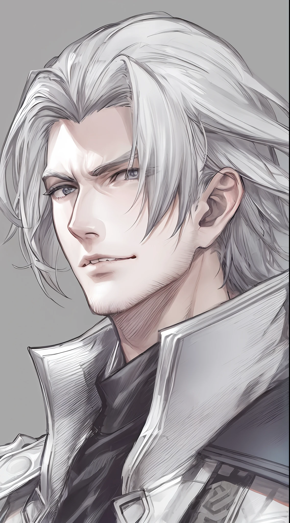 desenho de um homem com um cabelo branco e uma camisa cinza, Retrato de Thancred, personagem de anime masculino, thancred waters, seinen manga portrait, Retrato anime de um homem bonito, personagem estilo anime, sombreamento de anime), estilo anime semi-realista, cara de final fantasy, Sephiroth, sombreamento estilo anime plano, personagem de anime, estilo anime masculino, sombreamento de anime