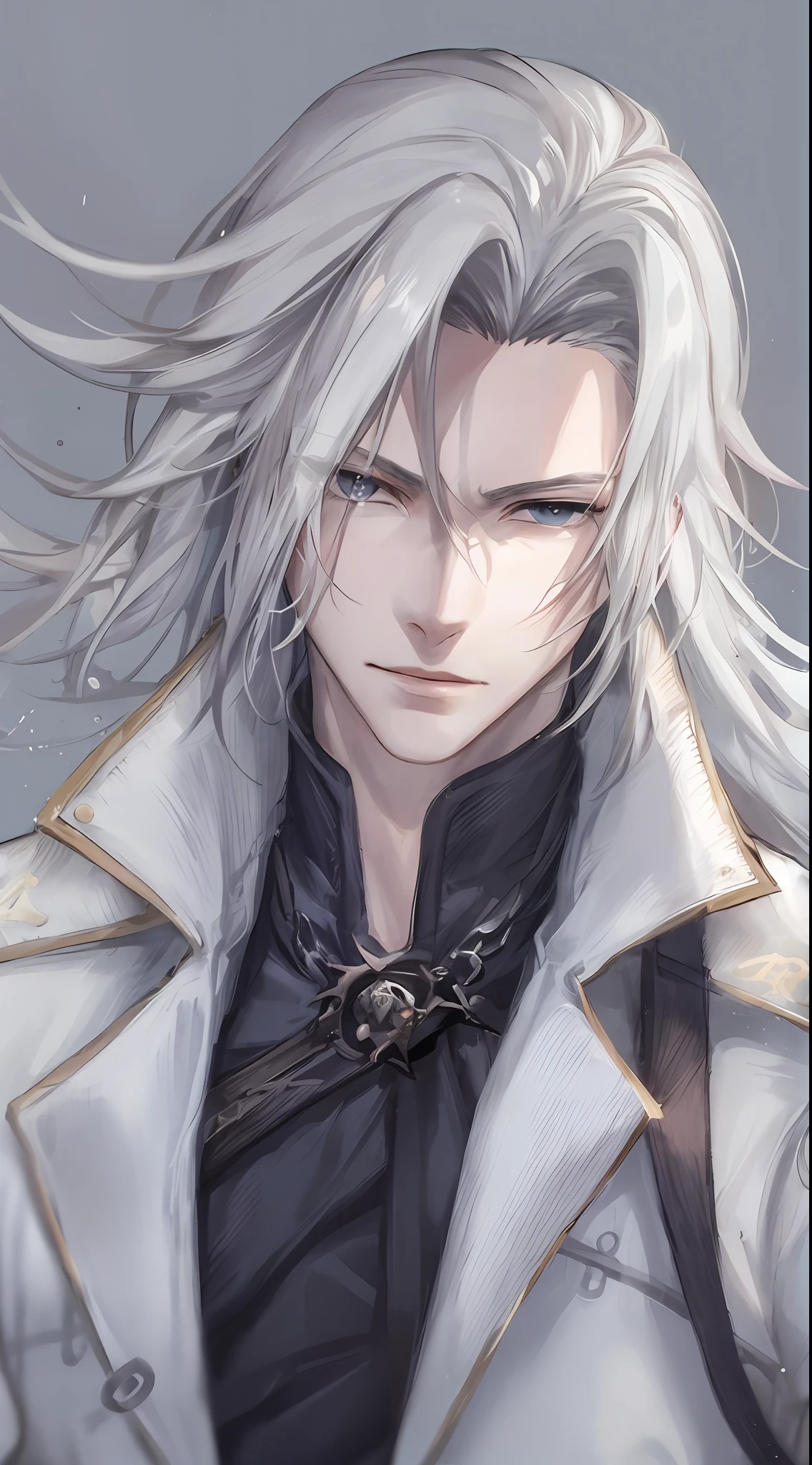 desenho de um homem com um cabelo branco e uma camisa cinza, Retrato de Thancred, personagem de anime masculino, thancred waters, seinen manga portrait, Retrato anime de um homem bonito, personagem estilo anime, sombreamento de anime), estilo anime semi-realista, cara de final fantasy, Sephiroth, sombreamento estilo anime plano, personagem de anime, estilo anime masculino, sombreamento de anime