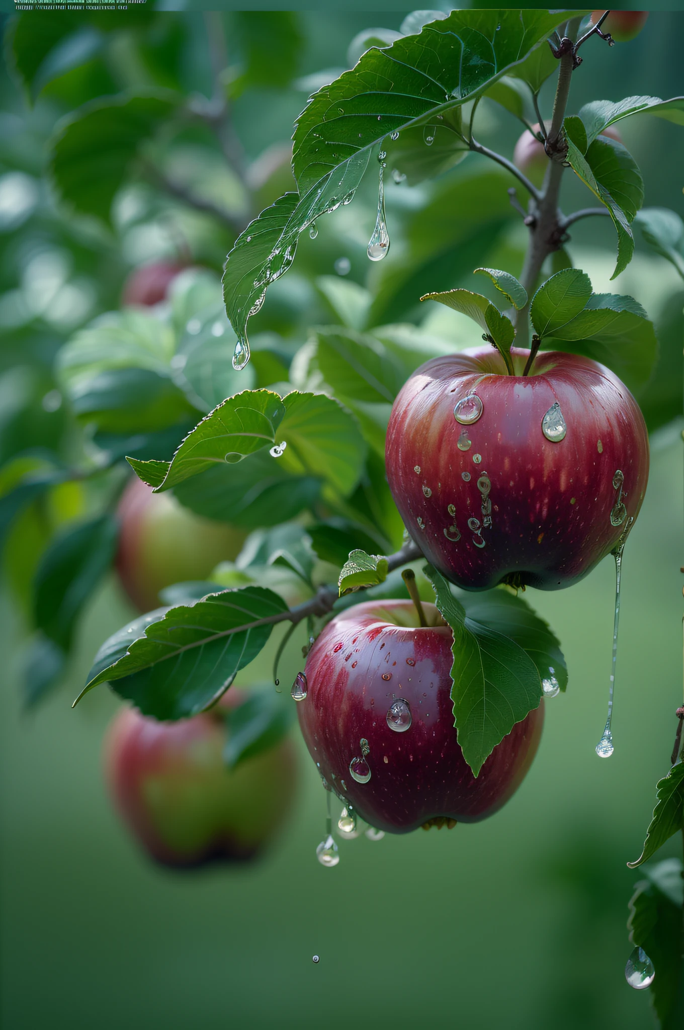 red delicious apples on tree, droplets, fujifilm, fujicolor c200, depth of field