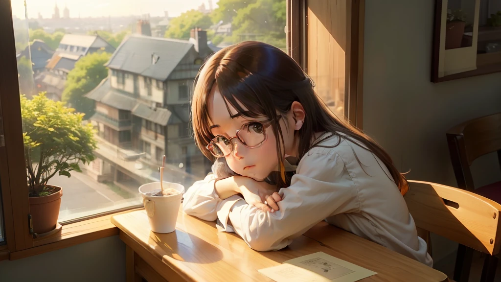 masutepiece、top-quality、Guibli、Ghibli works、nostalgia、window、Summer twilight、Everyday scenery、Table by the window、Glasses on table top、Ice cream melted in a cup、Beautiful girl staring out the window