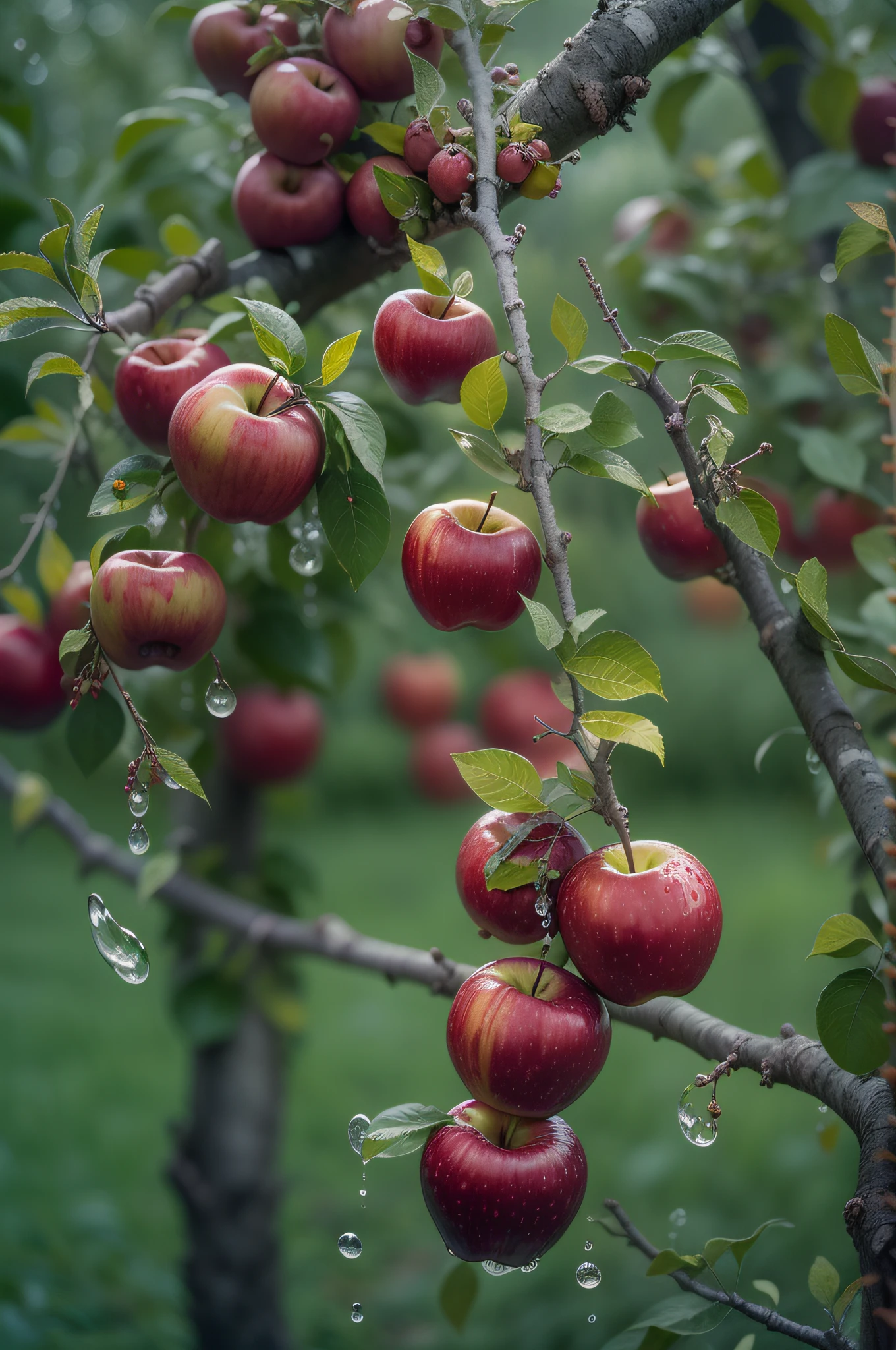 red delicious apples on tree, droplets, fujifilm, fujicolor c200, depth of field