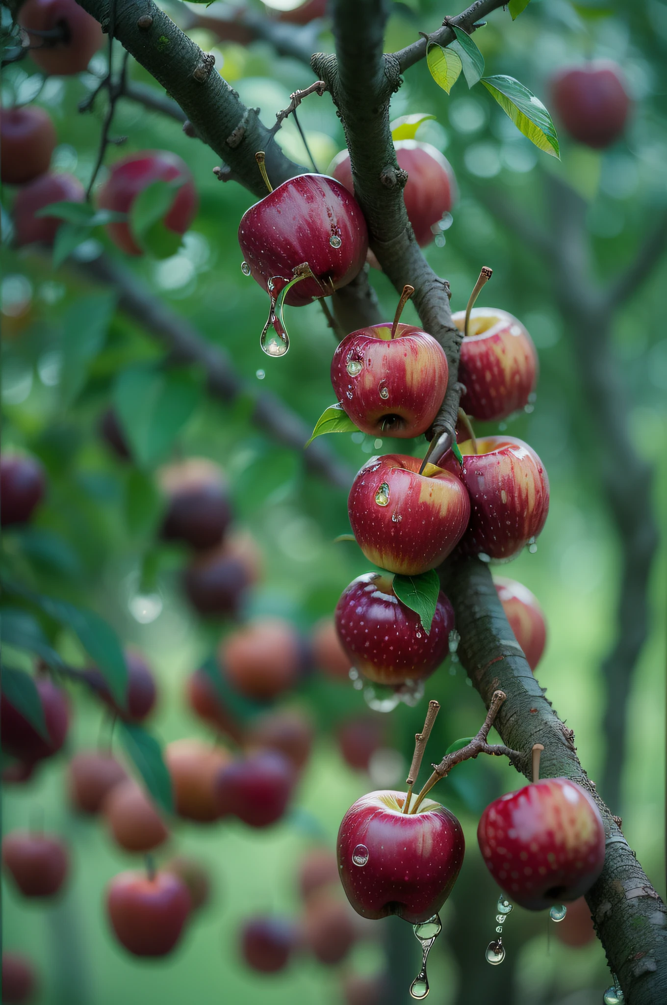 red delicious apples on tree, droplets, fujifilm, fujicolor c200, depth of field