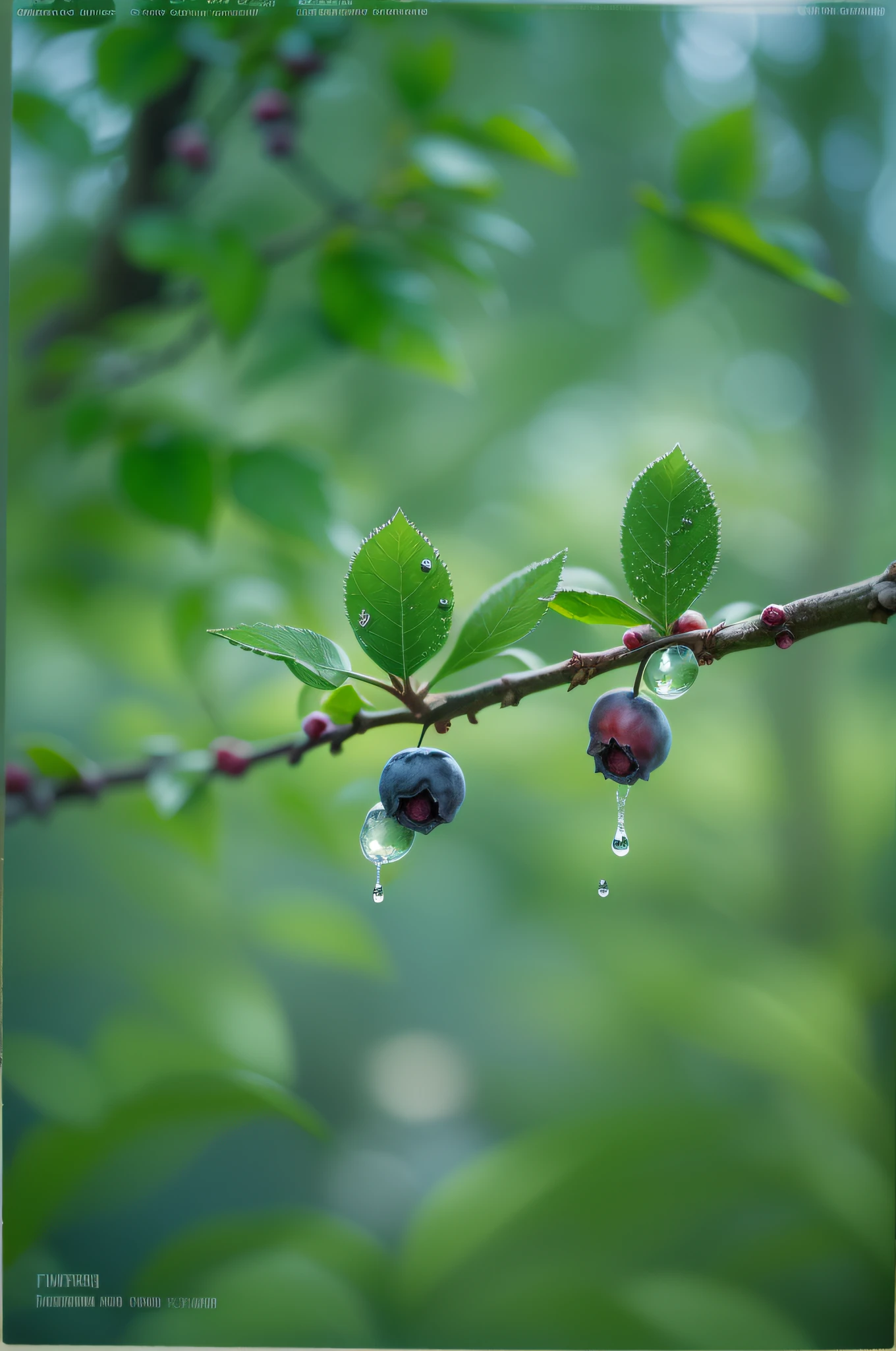 blueberries on tree, droplets, fujifilm, fujicolor c200, depth of field