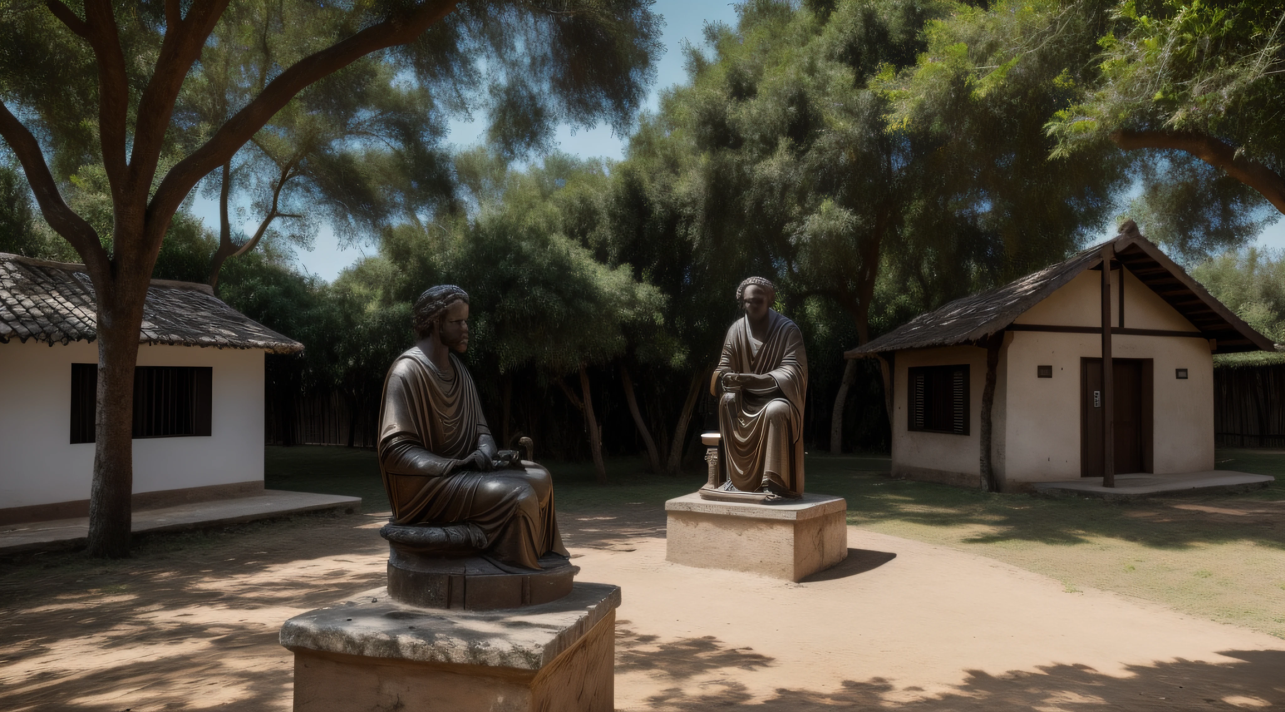 philosopher in the position of the thinker, imagem ampla, is in a village, 4k, detalhado, realista, rosto detalhado