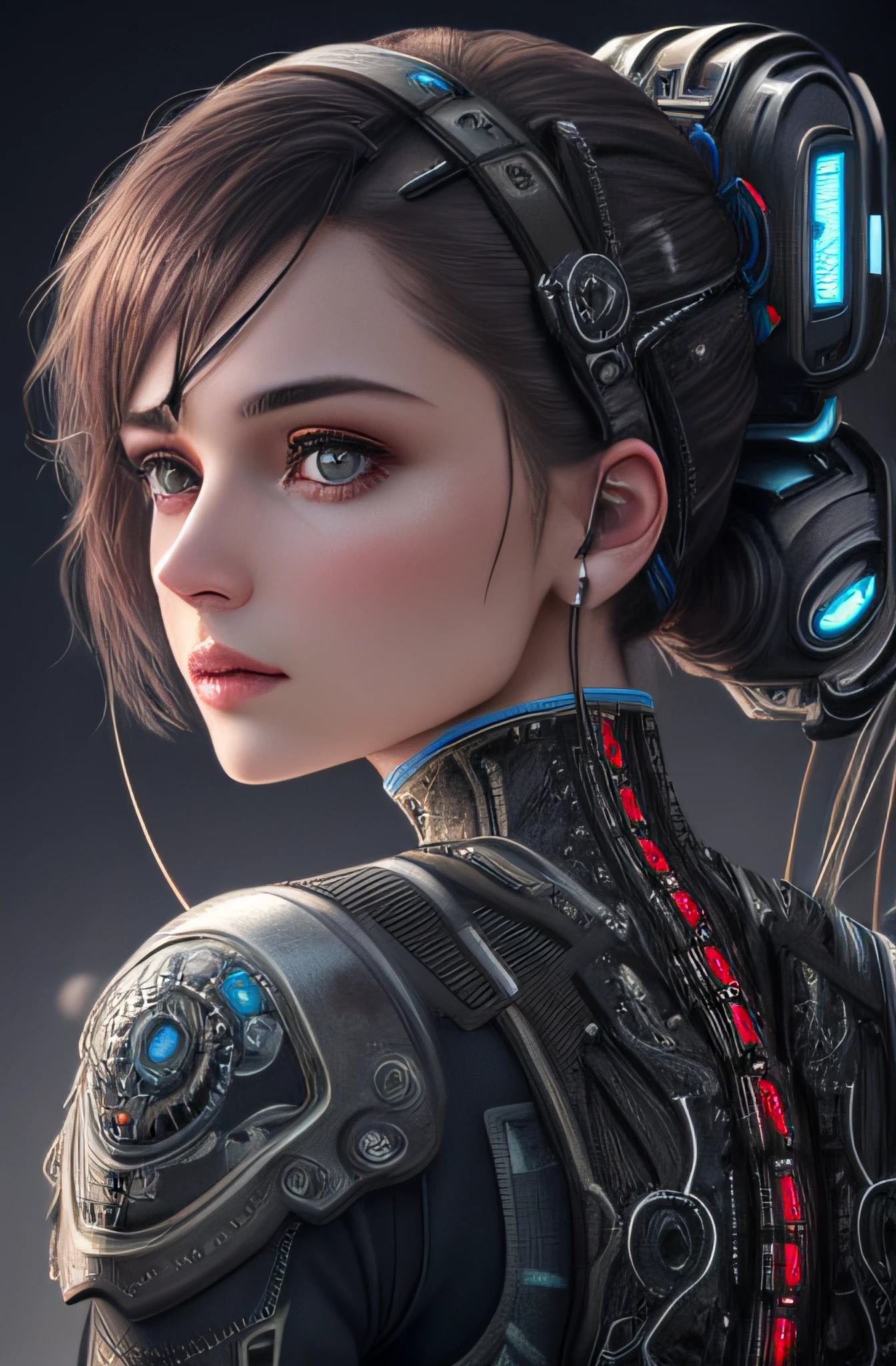 1mechanical girl,((ultra realistic details)), portrait, global illumination, shadows, octane render, 8k, ultra sharp,metal,intricate, ornaments detailed, cold colors, egypician detail, highly intricate details, realistic light, trending on cgsociety, glowing eyes, facing camera, neon details, machanical limbs,blood vessels connected to tubes,mechanical vertebra attaching to back,mechanical cervial attaching to neck,sitting,wires and cables connecting to head