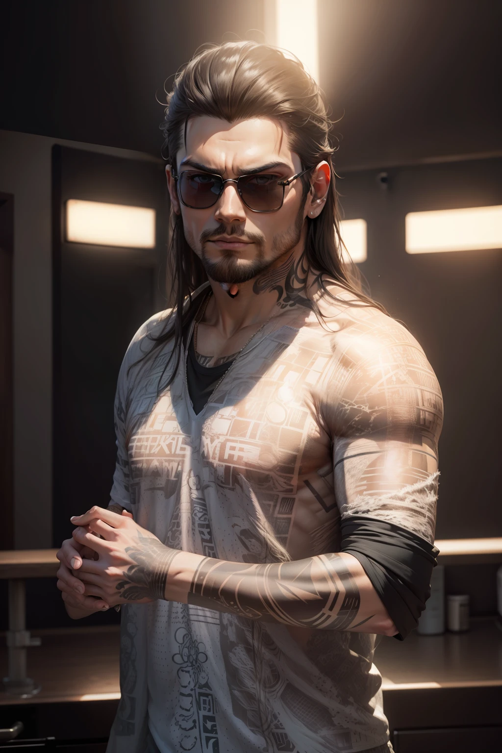 Remove background man do not change the face ultra HD tattoo sunglasses long hair tshirt
