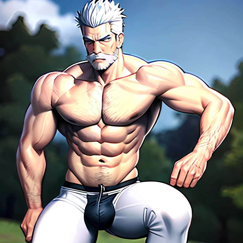 (Masterpiece):1.6, Best quality, (Detailed face):1.2, Facial hair, White beard, ((White hair)), White eyebrows，Shirtless，Tong，Bulge，black long socks，Thin，musculature，lbeard，fortitude，