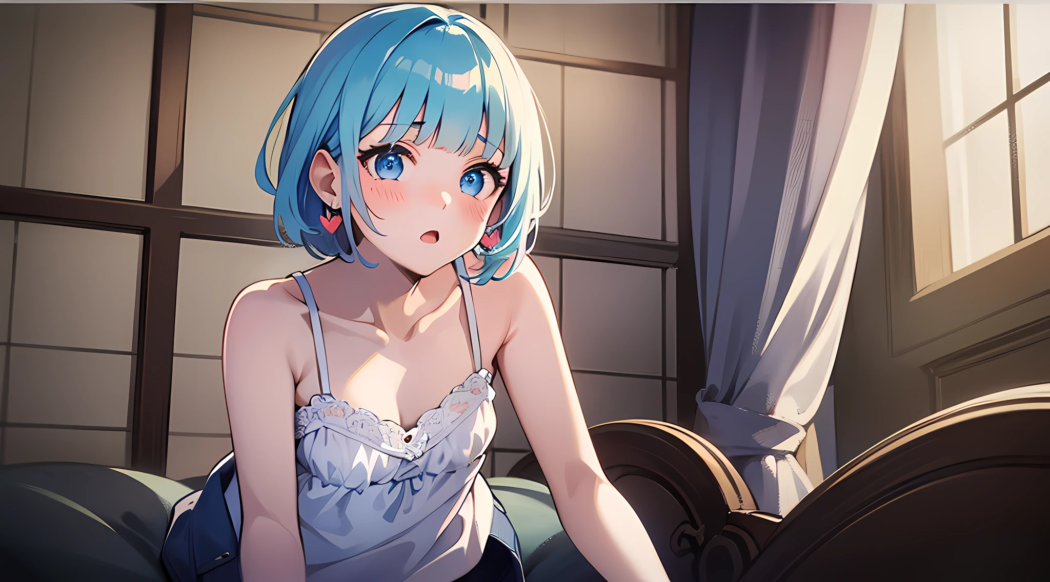 (Masterpiece:1.3), (Best quality:1.3), high resolution,
Kuboy shoots,
Leaning forward, body facing the front,
(A cute girl:1.3), Solo,
White skin, Small breast, eight-headed person,
Light blue hair, (short detailed hair:1.2), (Short hair:1.2), (Blunt bangs:1.2), Beautiful hair, Blue eyes, Beautiful detailed eyes,
Blush, Heart, Surprised,
shorter pants, camisole, Earrings,
Indoors, White Room, Bed,
shaded lighting,