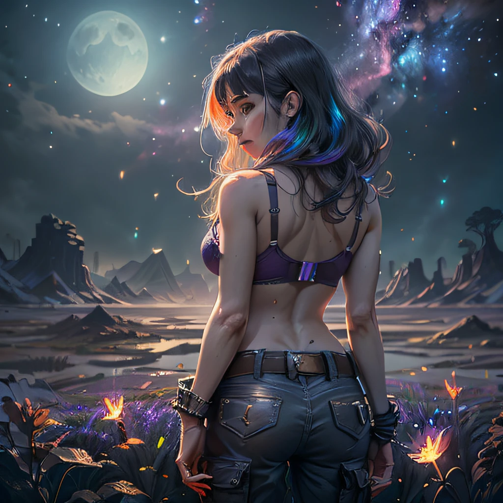 1girl, bra, shirtless, backview, cargo pant, wide view, expansive landscape photograph , (a view from below that shows sky above and open field below), a girl standing on flower field looking up, (full moon:1.2), ( shooting stars:0.9), (nebula:1.3), distant mountain, tree BREAK
production art, (warm light source:1.2), (Firefly:1.2), lamp, lot of purple and orange, intricate details, volumetric lighting, realism BREAK
(masterpiece:1.2), (best quality), 4k, ultra-detailed, (dynamic composition:1.4), highly detailed, colorful details,( iridescent colors:1.2), (glowing lighting, atmospheric lighting), dreamy, magical, (solo:1.2)