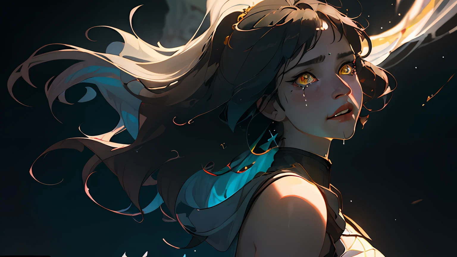 (beste-Qualit, tmasterpiece), hyper-realistic realistic texture, Masterpiece, Unreal Engine 5, extremely detailed CG unity 8k wallpaper, Realistic eyes, Madly detailed photo, (ecstasy of light and shadow, deep shadow), a 1girl, ciberpunk, particle, the wind, looks at the viewer, back light, upper-body, the pose, dark flowing hair and yellow eyes, slight smile, tears in eyes, Glass eyes, Farewell atmosphere