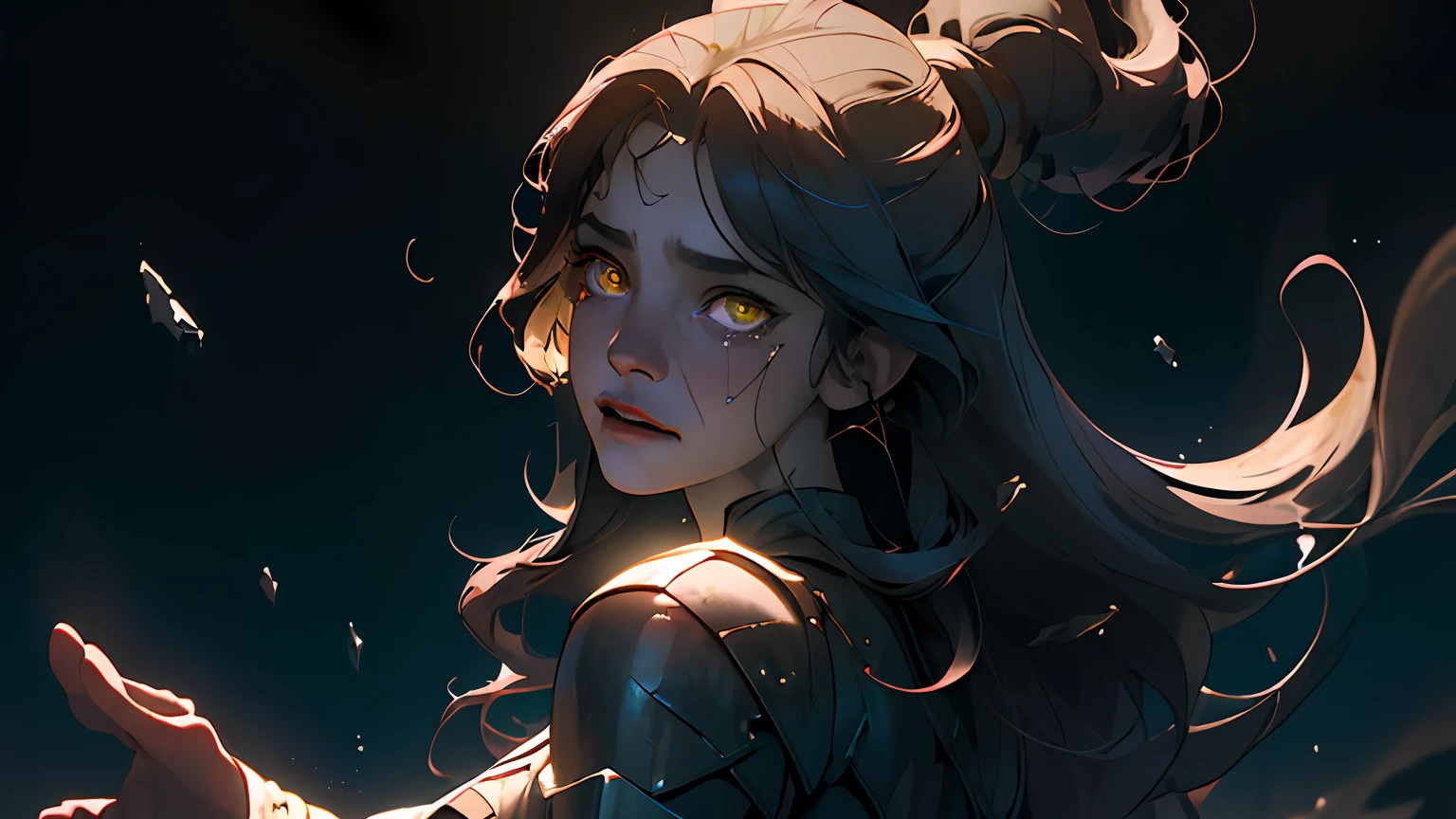 (beste-Qualit, tmasterpiece), hyper-realistic realistic texture, Masterpiece, Unreal Engine 5, extremely detailed CG unity 8k wallpaper, Realistic eyes, Madly detailed photo, (ecstasy of light and shadow, deep shadow), a 1girl, ciberpunk, particle, the wind, looks at the viewer, back light, upper-body, the pose, dark flowing hair and yellow eyes, slight smile, tears in eyes, Glass eyes, Farewell atmosphere