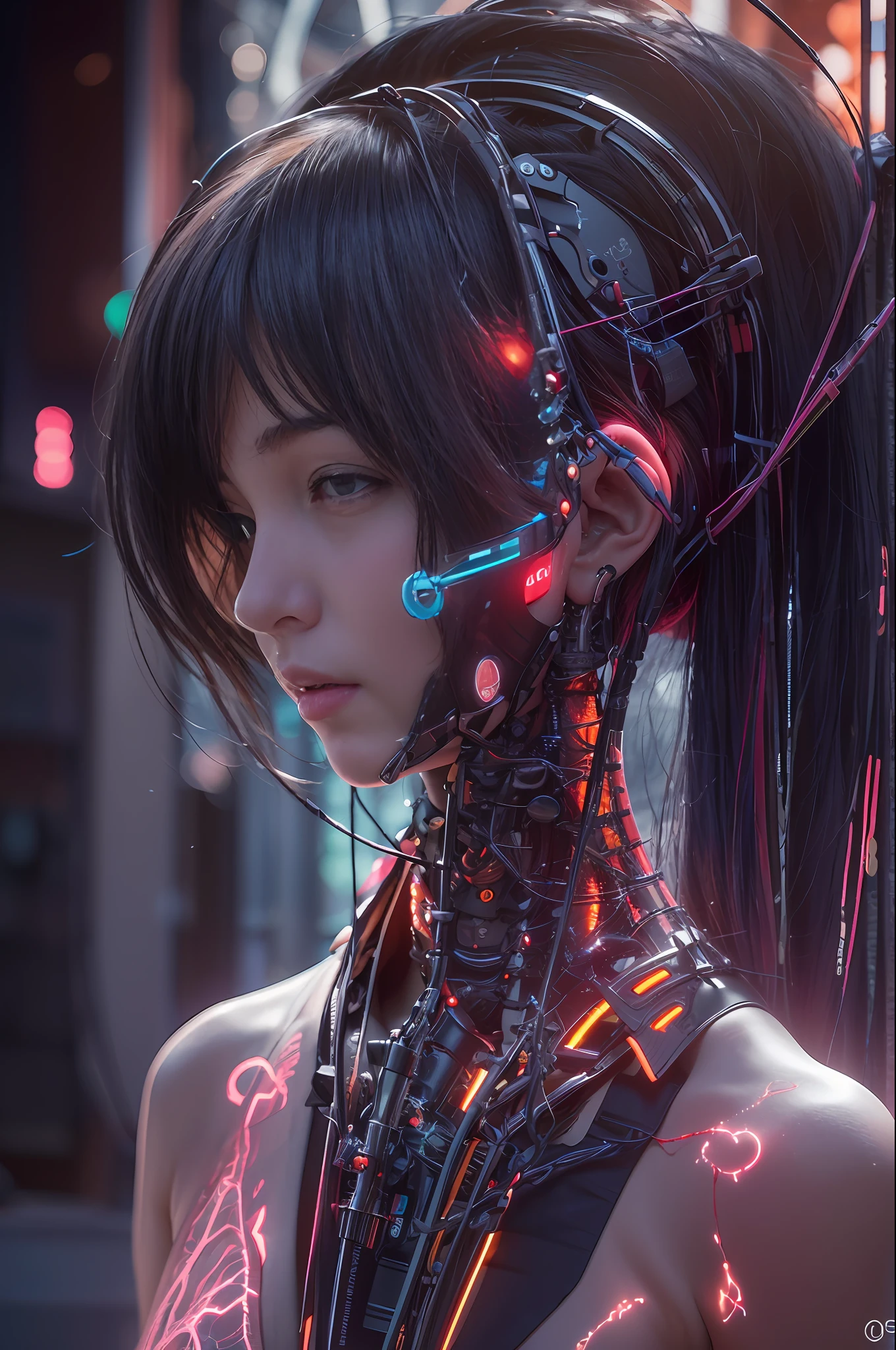 Top Quality, Masterpiece, Ultra High Resolution, ((Photorealistic: 1.4), Raw Photo, 1 Girl, Black Hair, Glossy Skin, 1 Mechanical Girl, (Ultra Realistic Details)), cinematic lighting, deep shadows, Octane Rendering, 8K, Ultra Sharp, Metal, Intricate Ornament Details, Egyptian Details, Very intricate details, realistic light, CGSoation trend, facing the camera, neon details, mechanical limbs, blood vessels connected to the tube, mechanical vertebrae attached to the back, mechanical cervical attachment to the neck, wires and cables connecting to the head, evangelion, small glowing LED lamps, (dazzling Cyberpunk city streets in background).