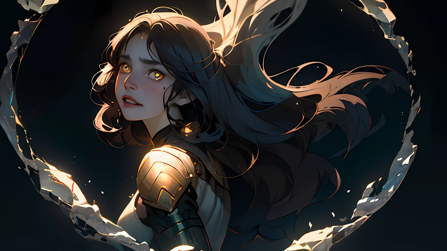 (beste-Qualit, tmasterpiece), hyper-realistic realistic texture, Masterpiece, Unreal Engine 5, extremely detailed CG unity 8k wallpaper, Realistic eyes, Madly detailed photo, (ecstasy of light and shadow, deep shadow), a 1girl, ciberpunk, particle, the wind, looks at the viewer, back light, upper-body, the pose, dark flowing hair and yellow eyes, slight smile, tears in eyes, Glass eyes, Farewell atmosphere