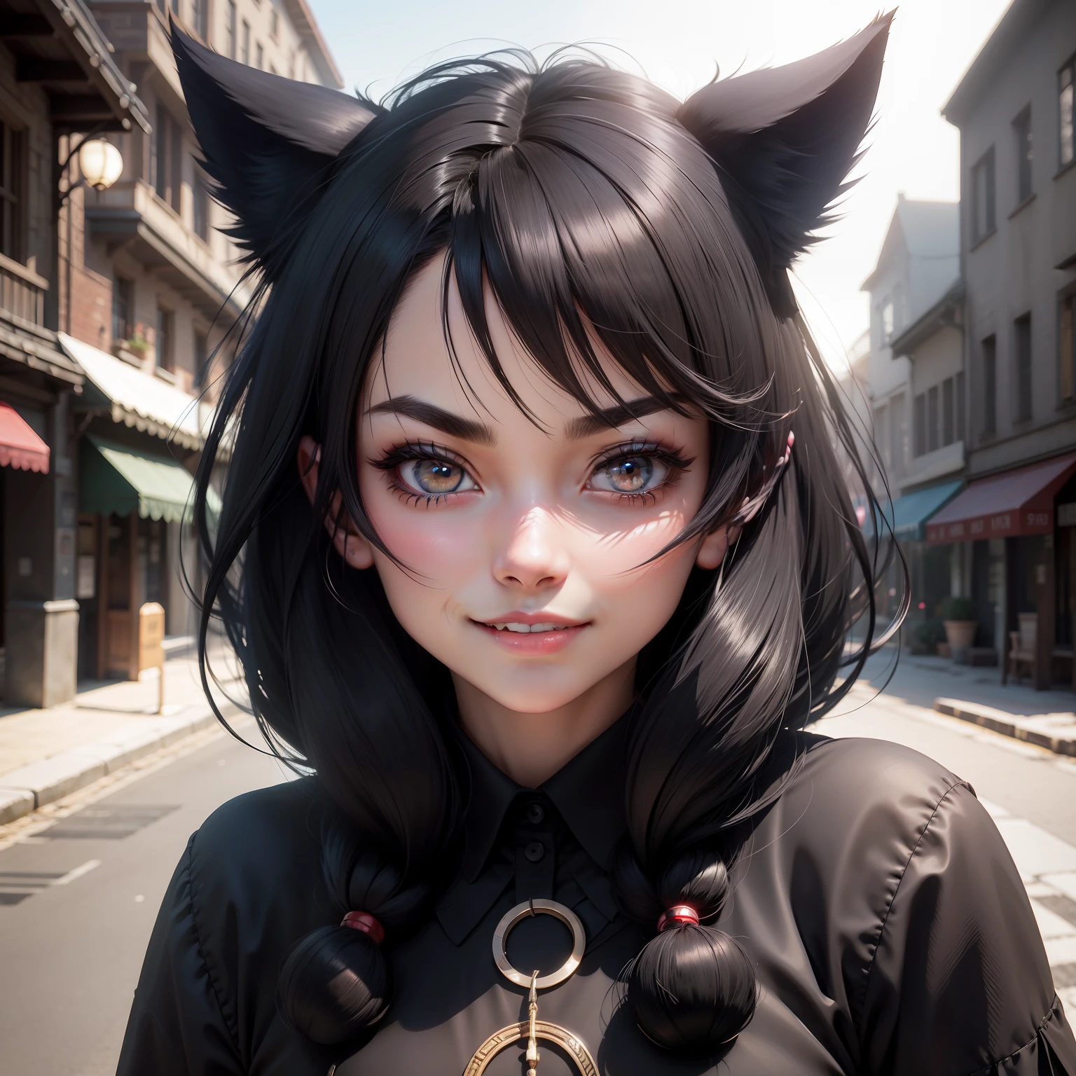 black hair, hair bobbles, wince, longeyelashes, solid circle eyes, fake animal ears, light smile, ear blush, fang, Surrealism, drop shadow, anaglyph, stereogram, tachi-e, pov, atmospheric perspective, 8k, super detail, ccurate, best quality