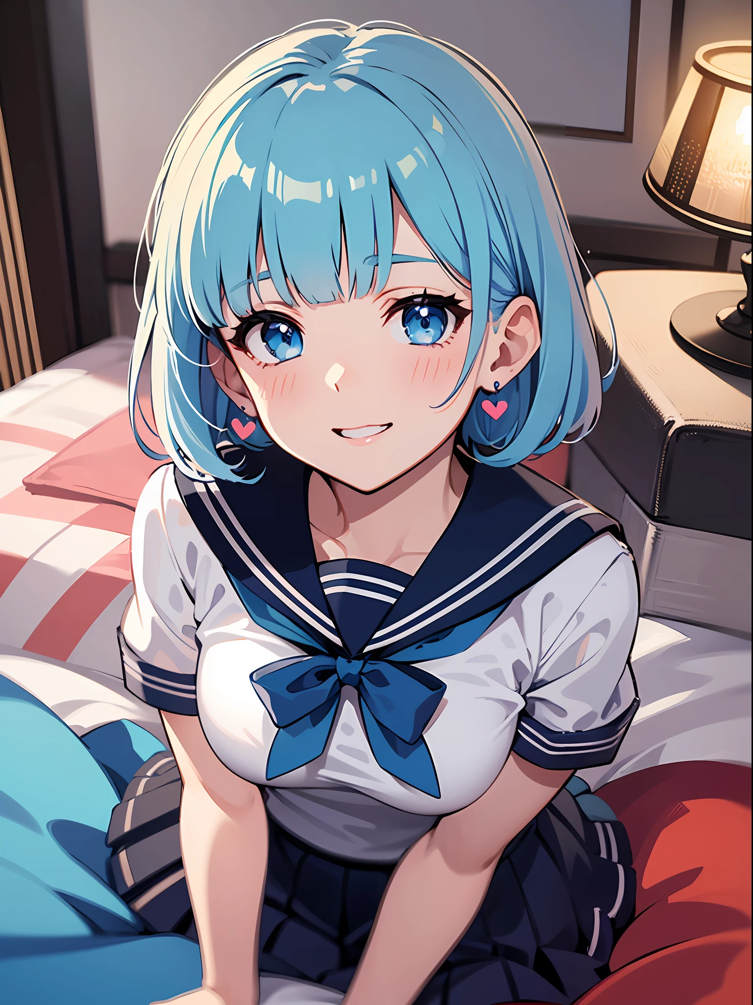 (masterpiece:1.3), (best quality:1.3), high resolution, 


from above, 
leaning forward, sitting, body facing forward, gym sitting, 

(one cute girl:1.3), solo, 
white skin, small Breast, eight-headed person, 
light blue hair, (bobbed hair:1.2), (short hair:1.2), (blunt bangs:1.2), beautiful hair, blue eyes, beautiful detailed eyes, 

blush, heart, cheerful smile, 

blue check skirt, sailor suit, earrings, 

indoors, white room, bed, 

shadowlighting,