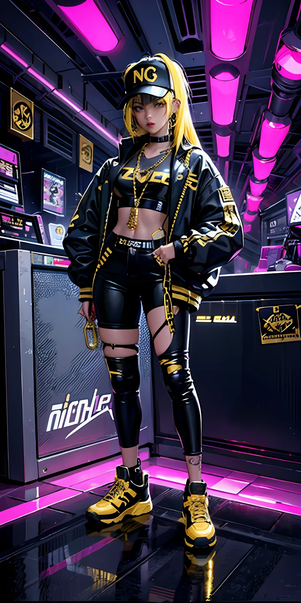 gangster girl , stand in cyber punk street , neon lighting , hip hop fashion style , black and yello hoodie , gold chain , gold , jewelrey , in music studio , full body view ,
rider
