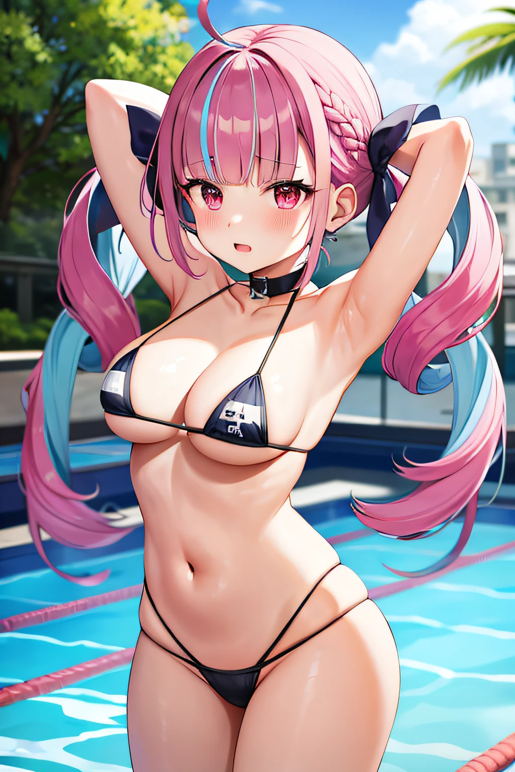 ​masterpiece、top-quality、***1人、Virtual Youtuber、Minato Aqua、multi color hair、Twin-tailed、Color Inner Hair、Two-tone hair、Drill Hair、twin drills、Ahoge、Ankle Cuffs、striated hair、white bow、Cowboy Shots,blush,arms folded,cleavage,bent over、medium breasts,Micro Bikini,Pool