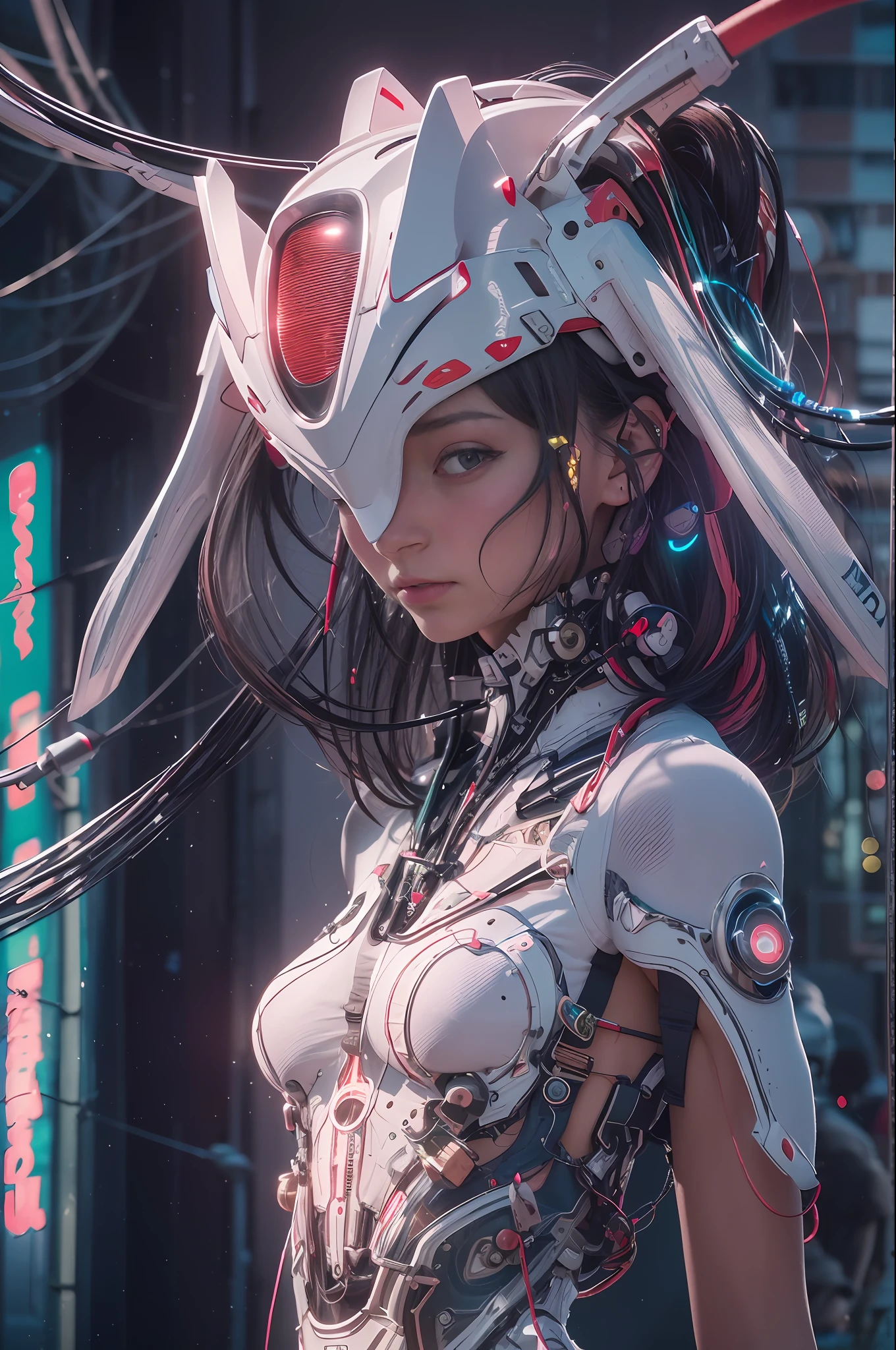Top Quality, Masterpiece, Ultra High Resolution, ((Photorealistic: 1.4), Raw Photo, 1 Girl, Black Hair, Glossy Skin, 1 Mechanical Girl, (Ultra Realistic Details)), cinematic lighting, deep shadows, Octane Rendering, 8K, Ultra Sharp, Metal, Intricate Ornament Details, Egyptian Details, Very intricate details, realistic light, CGSoation trend, facing the camera, neon details, mechanical limbs, blood vessels connected to the tube, mechanical vertebrae attached to the back, mechanical cervical attachment to the neck, wires and cables connecting to the head, evangelion, small glowing LED lamps, (dazzling Cyberpunk city streets in background).