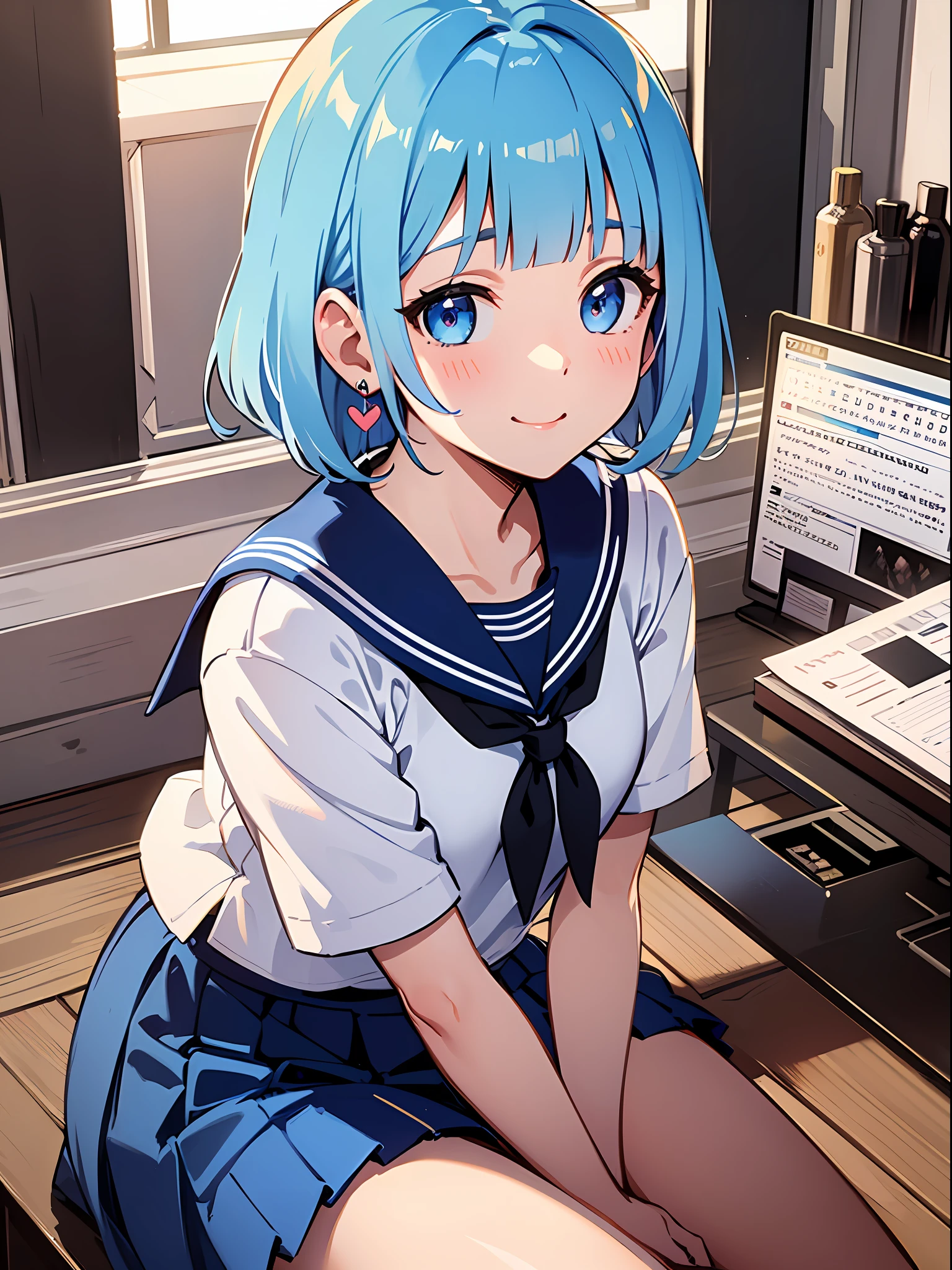 (masterpiece:1.3), (best quality:1.3), high resolution, 


from above, 
leaning forward, sitting, body facing forward, gym sitting, 

(one cute girl:1.3), solo, 
white skin, small Breast, eight-headed person, 
light blue hair, (bobbed hair:1.2), (short hair:1.2), (blunt bangs:1.2), beautiful hair, blue eyes, beautiful detailed eyes, 

blush, heart, cheerful smile, 

blue check skirt, sailor suit, earrings, 

indoors, white room, bed, 

shadowlighting,