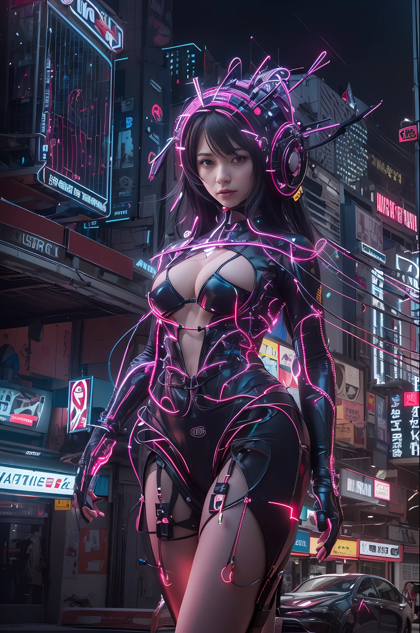 Top Quality, Masterpiece, Ultra High Resolution, ((Photorealistic: 1.4), Raw Photo, 1 voluptuous sex doll, Black Hair, Glossy Skin, 1 Mechanical Girl, (Ultra Realistic Details)), cinematic lighting, deep shadows, Octane Rendering, 8K, Ultra Sharp, Cleavage Exposed, Metal, Intricate Ornament Details, Egyptian Details, Very intricate details, realistic light, CGSoation trend, facing the camera, neon details, mechanical limbs, blood vessels connected to the tube, mechanical vertebrae attached to the back, mechanical cervical attachment to the neck, wires and cables connecting to the head, evangelion, small glowing LED lamps, (dazzling Cyberpunk city streets in background).