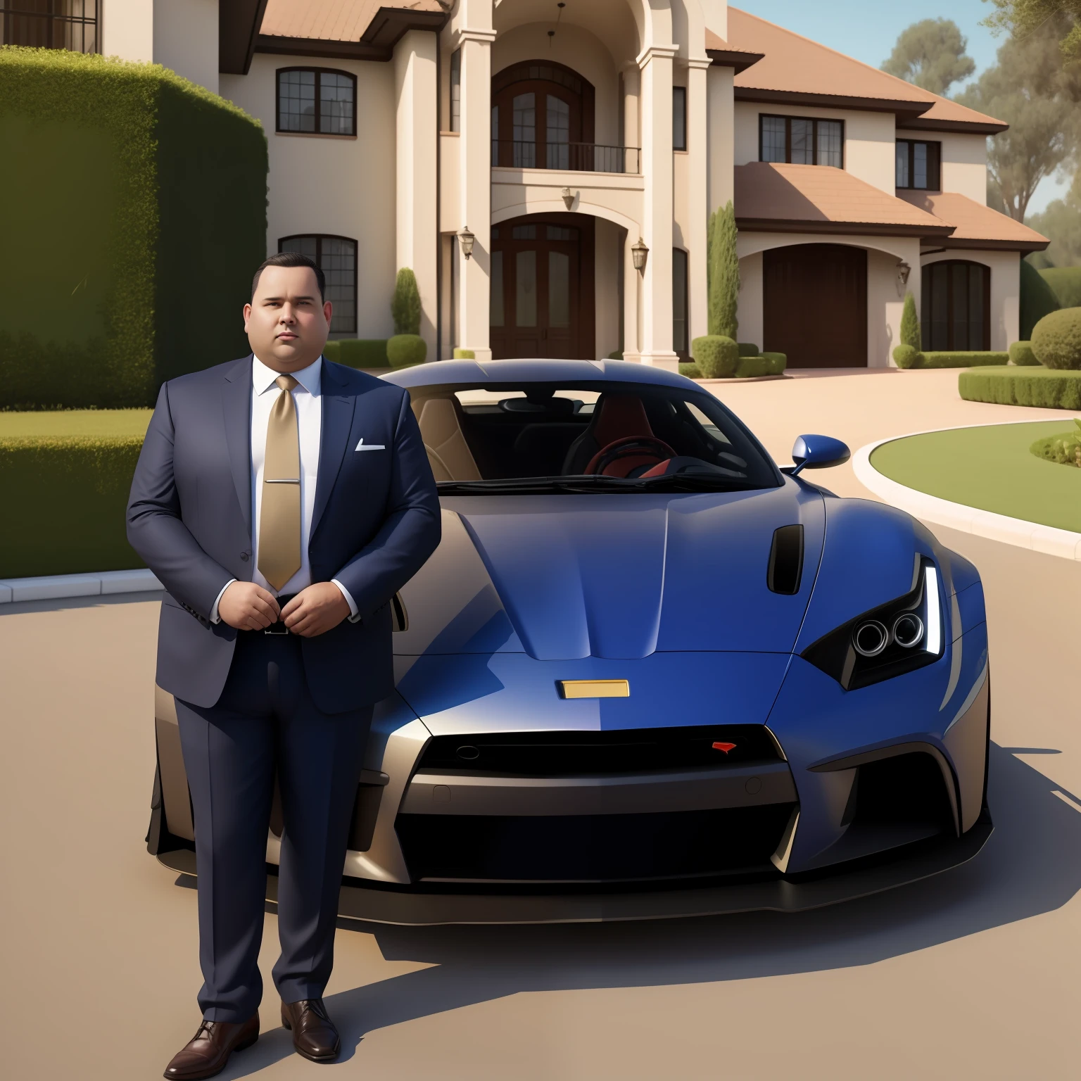 Amen overweight suit in front of his mansion with his realistic 4k image sports cars