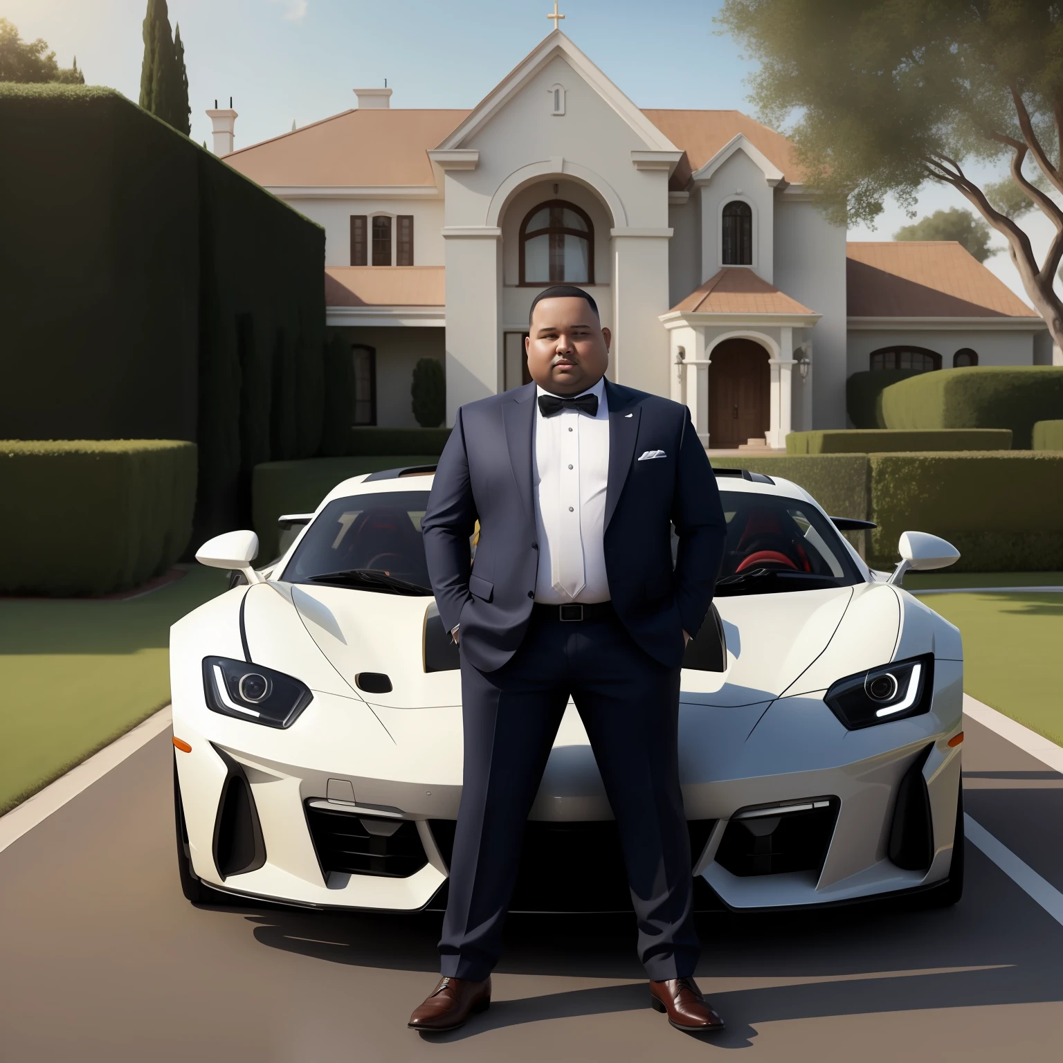 Amen overweight suit in front of his mansion with his realistic 4k image sports cars