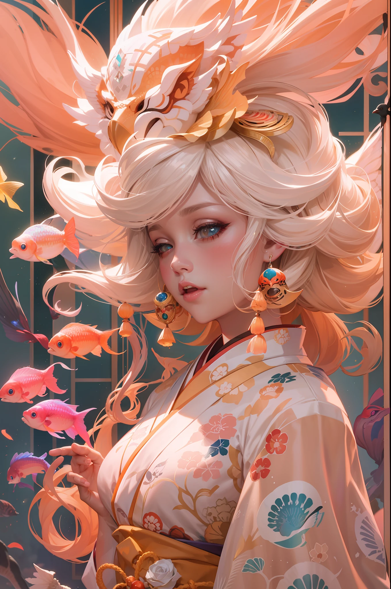 princess peach made of cotton candy. peach color scheme. beautiful intricately detailed japanese crow kitsune mask and clasical japanese kimono. betta fish, jellyfish phoenix, bio luminescent, plasma, ice, water, wind, creature, artwork by tooth wu and wlop and beeple and greg rutkowski