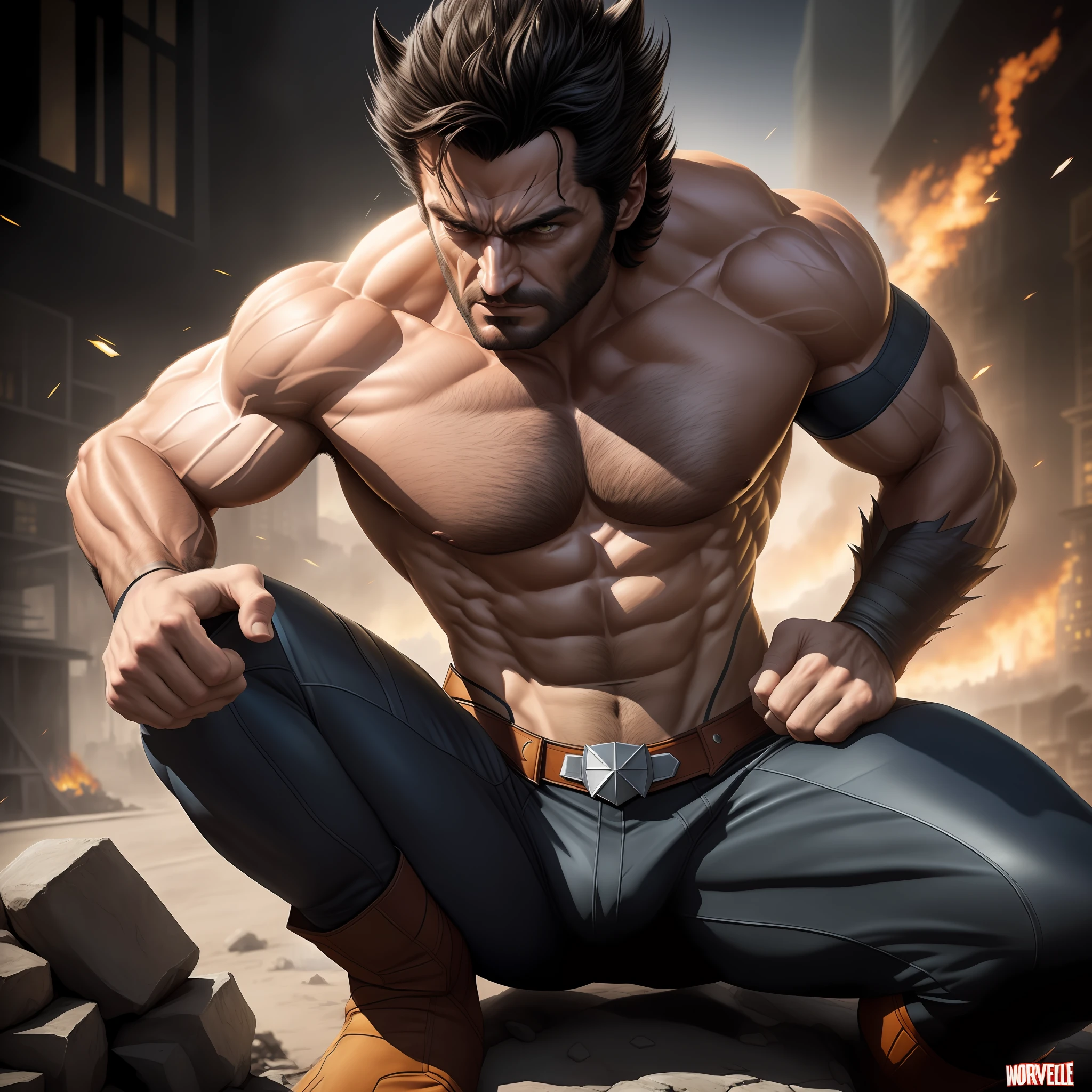 Wolverine in a scene with a fire and a building in the background, wolverine action pose, carcaju, carcaju comeu, Artgerm Greg Rutkowski _ Greg, muscular male hero, Henry Cavill como Wolverine, Artgerm extremamente detalhado, pose masculina heroica, fan art, Steven Artgerm Quatro, Retrato de Wolverine, Artgerm e Genzoman