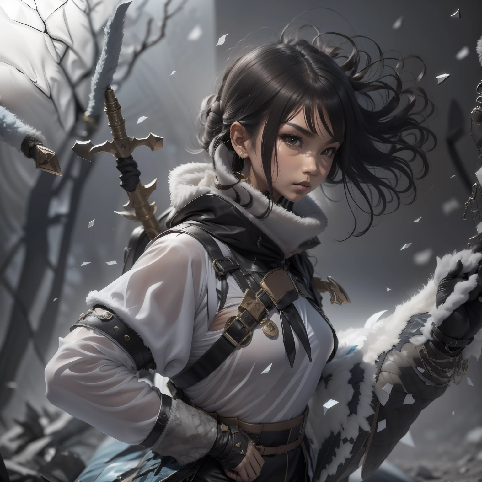 Bursting snow,new products, arma, The sword, halter, Weapons of the future, 32K, Linen cloak, Top quality, Masterpiece:Faust,,1 child, short detailed hair, thin fog, Squat, (tmasterpiece,k hd,hyper HD,16k),clutching a sword, buliding, Reflectors, bloods, Eastern Asia, Weapon focus, Skysky, brunette color hair, knifes, shorter pants, fumo, Mist, The clothes ar, bandagens, sword sheath, Leather, 独奏