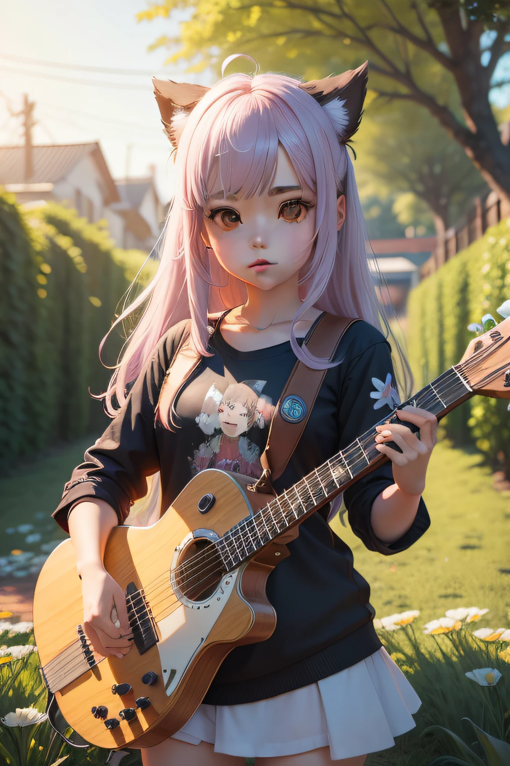 Menina anime com microfone uma guitarra em um campo de flores, render de uma menina anime 3d bonito, bonito 3 d render, render de abril, kawaii retrato realista, arte digital detalhada bonito, anime estilo 3d, Estilo anime 3D realista, painting digital adorable, arte digital bonito, 3d menina anime, Arte no estilo de Guweiz