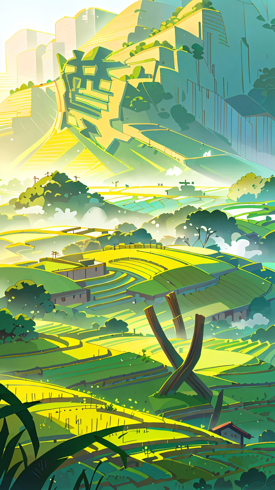 Large expanses of terraced fields, mountains, huts, with rice fields, rice fields, neat rice seedlings in the fields, misty rain, villages, agriculture, in the tranquil landscape, misty weather, in the vast tranquil landscape, in the early morning, in the morning mist, behind a small village, mist, Japanese countryside, thatched roofs --v 6