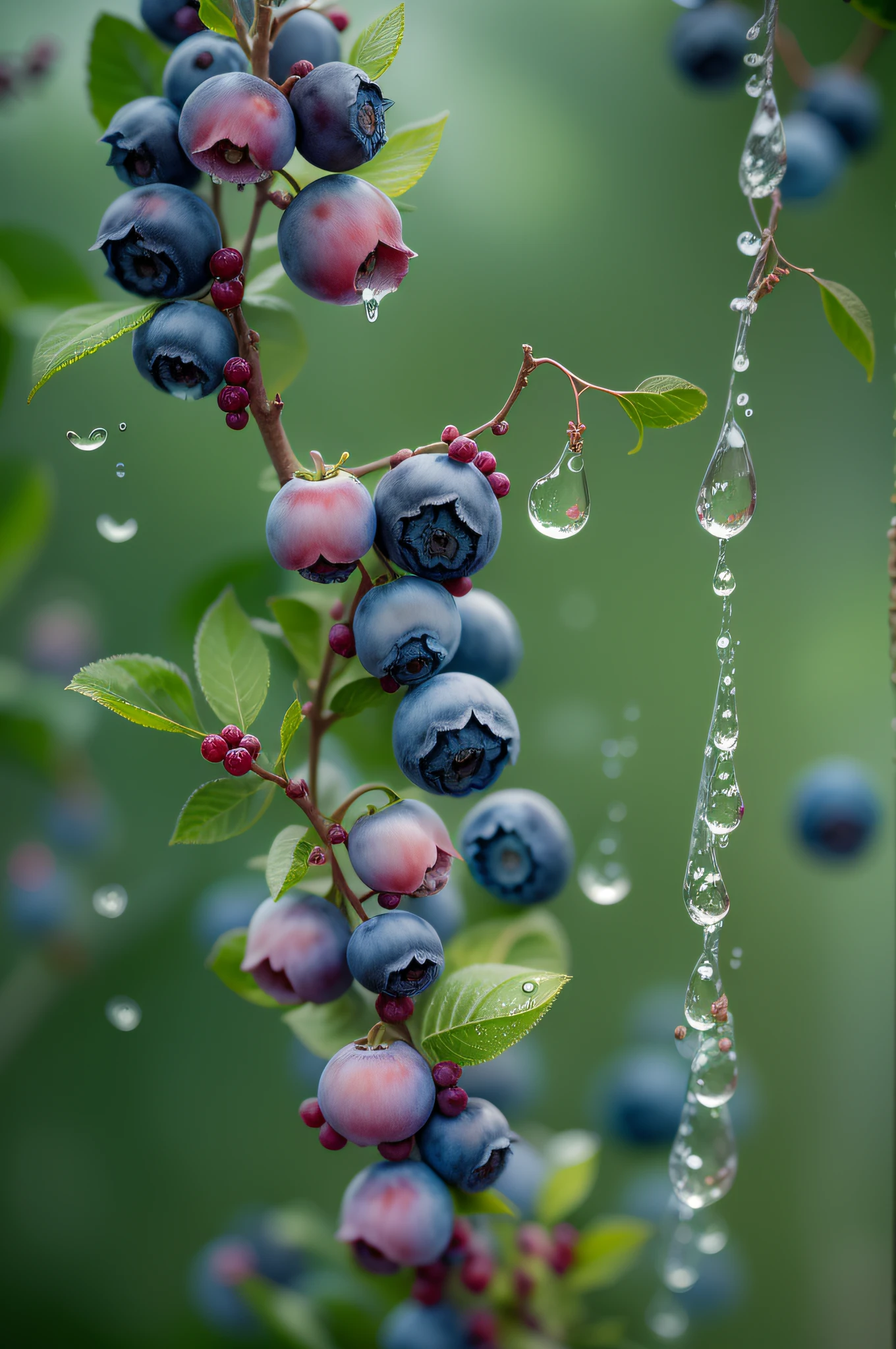 blueberries on tree, droplets, fujifilm, fujicolor c200, depth of field