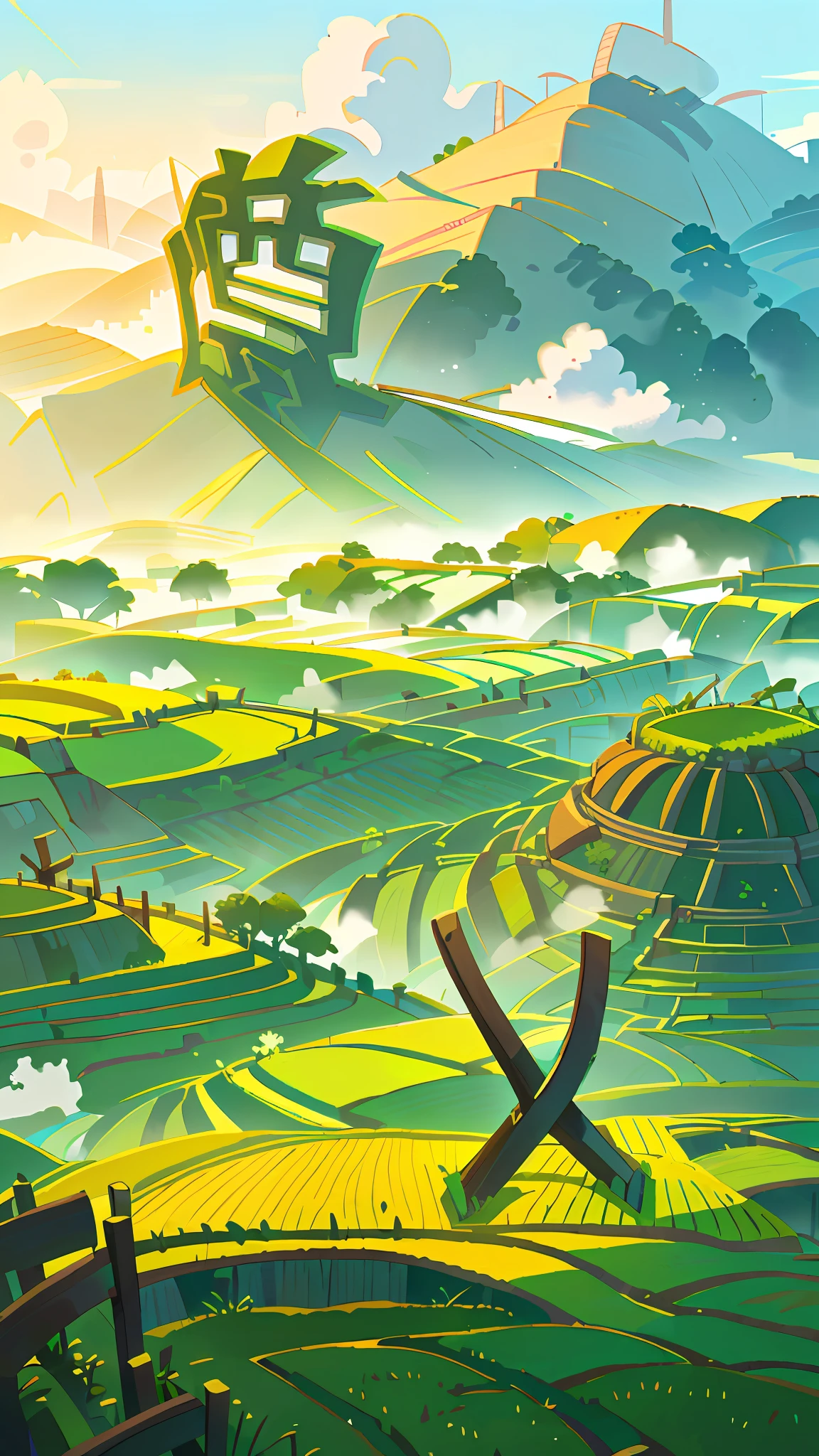 Large expanses of terraced fields, mountains, huts, with rice fields, rice fields, neat rice seedlings in the fields, misty rain, villages, agriculture, in the tranquil landscape, misty weather, in the vast tranquil landscape, in the early morning, in the morning mist, behind a small village, mist, Japanese countryside, thatched roofs --v 6