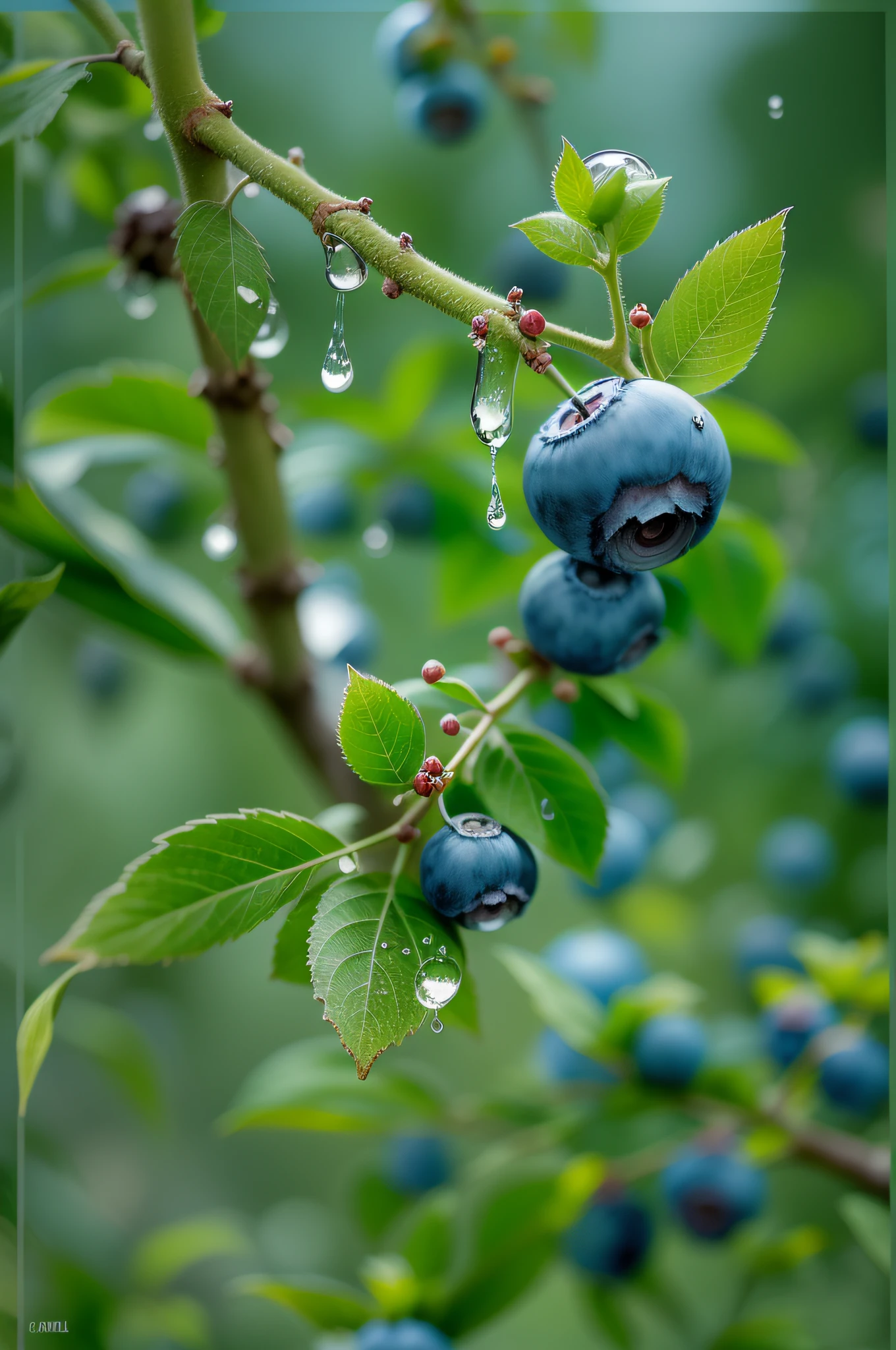 blueberries on tree, droplets, fujifilm, fujicolor c200, depth of field