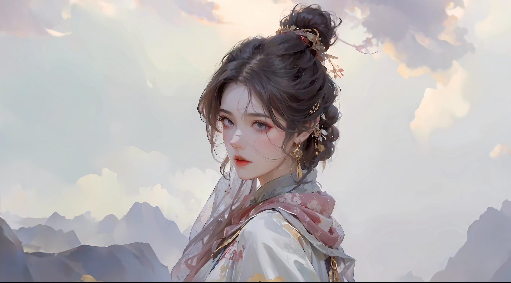 There was a woman wearing red lipstick,wears a white dress, Guviz-style artwork, Palace , A girl in Hanfu, Guviz, Beautiful character painting, author:Zhou Wenjing, By Li Song, by Ye Xin, author:Zhang Han, inspired by Yanjun Cheng, by Yang J, guweiz masterpiece, Chinese girl