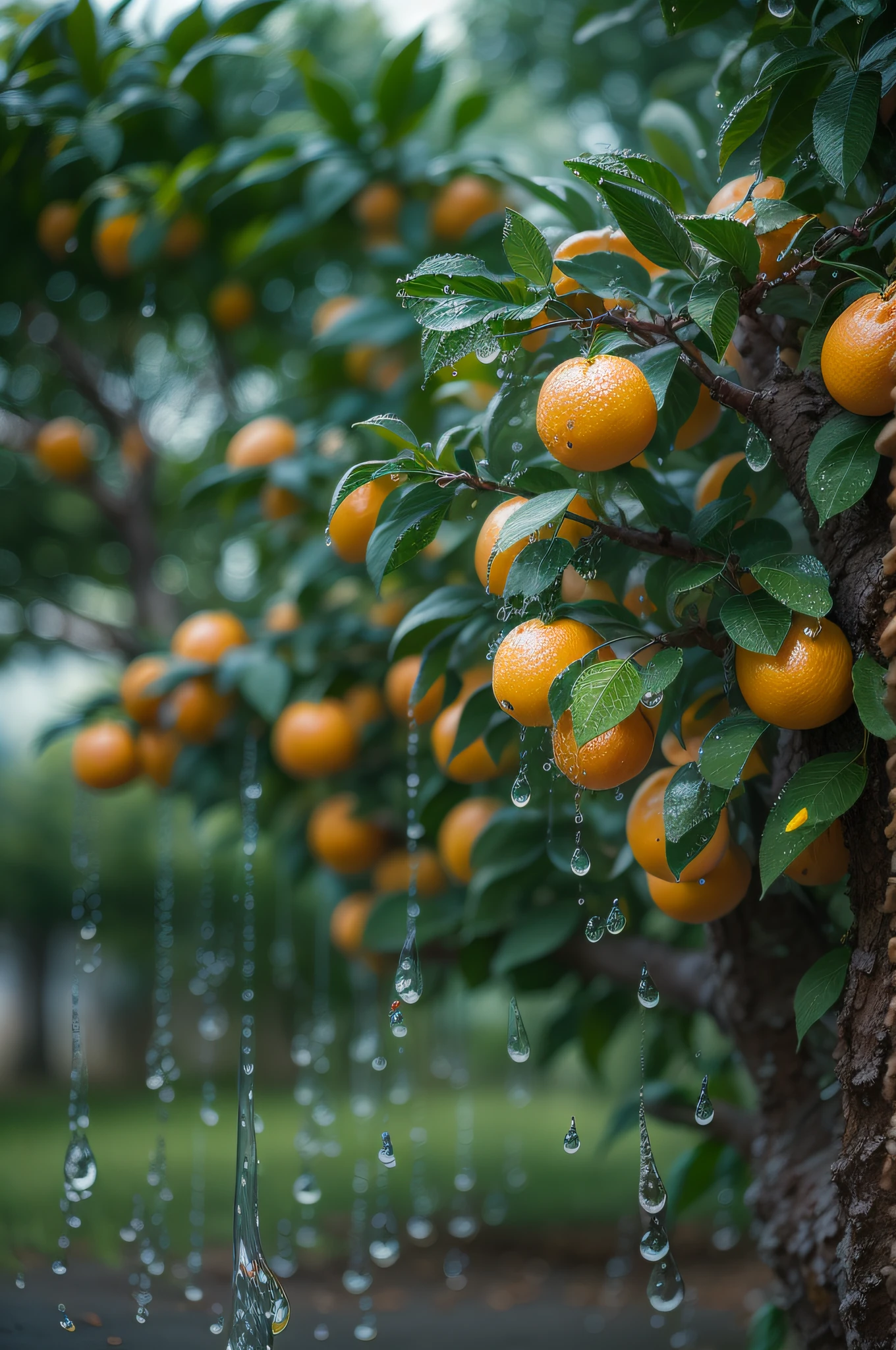 clementines on tree, droplets, fujifilm, fujicolor c200, depth of field