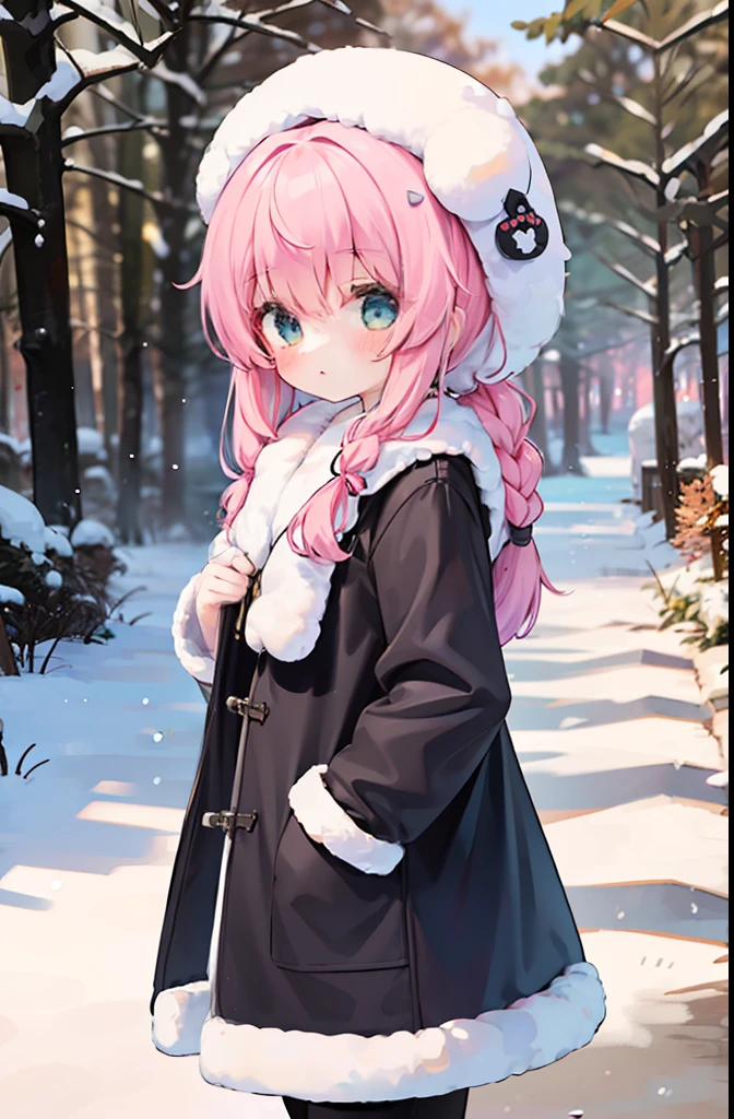 "(A single girl:1.1) wearing pink clothes and a fluffy coat. She has long rosy pigtails with braids. The scene is set in a winter forest with tall trees.""(A single girl:1.1) wearing pink clothes and a fluffy coat. She has long rosy pigtails with braids. The scene is set in a winter forest with tall trees."