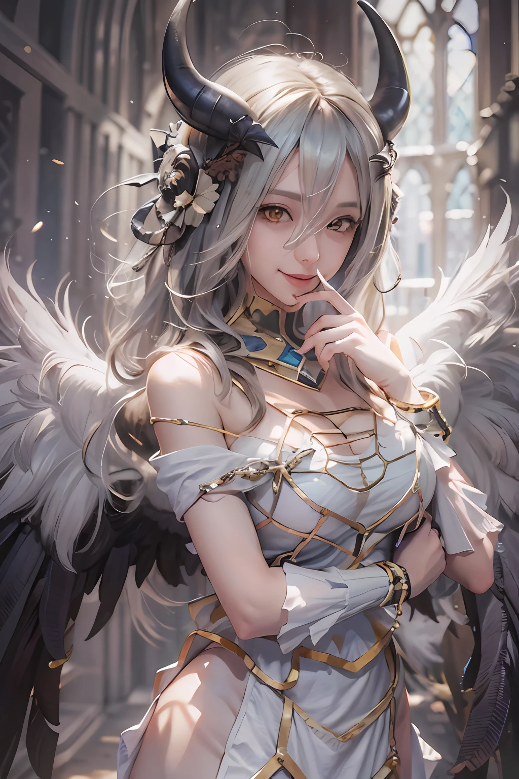 masterpiece, best quality, highres, al1, demon horns, slit pupils, white gloves, white dress, bare shoulders, detached collar, cleavage, black wings, feathered wings, low wings, cowboy shot, standing, smile, dungeon, evil smile,