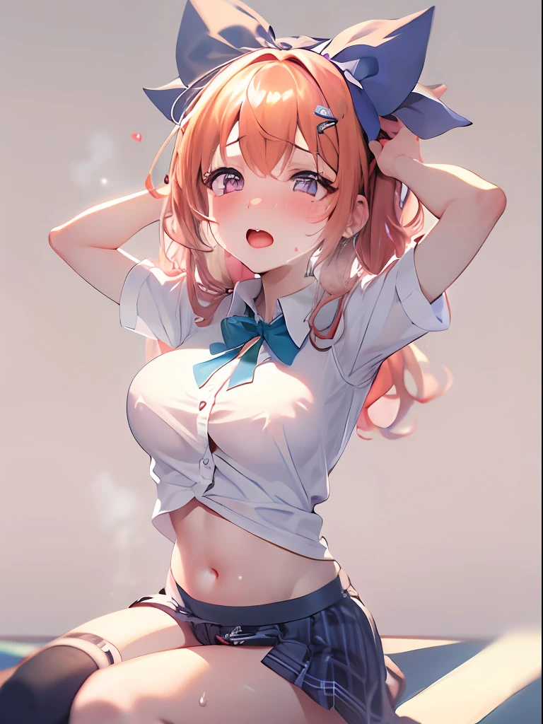 NSFW, Masterpiece, Best quality, Ultra high definition, Maximum resolution, Very detailed, Professional lighting, clean skin, slender, Very cute, Young face, Slightly smaller breasts, 1girl, Armpits, Blush, Bow, Breasts, Embarrassing, Crying, tears, female focus, From below, Gluteals, Hair bow, Hair ornaments, Lift yourself, Long hair, Watch viewer, School uniform, naked shirt, Navel, Orange hair, Purple eyes, see-through, white shirt, transparent panties, solo, sitting on floor, legs open, legs raised, sweat drops, lower, areolas, up shirt, night school classroom, video camera