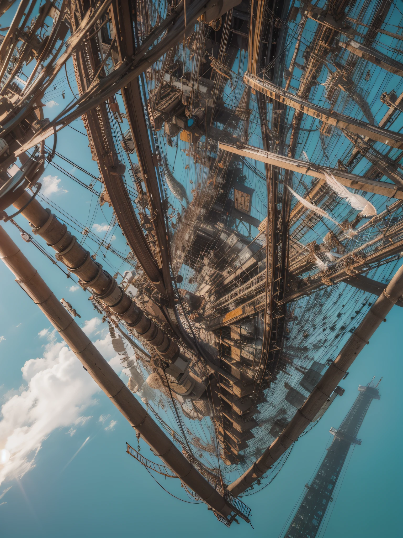 a heavily distorted, fading late morning clear sky, a singular object comprised of contorted feathers/machinery/pipes/rusted components is floating in the air, steel strings weave into each other, extra detail, 4kHD details, best resolution, surrealistic composition, extreme camera angle, motion blur, depth of field, foreshortening, tilted camera angle, cinematic lighting, movie scene, lens flare, fisheye lens