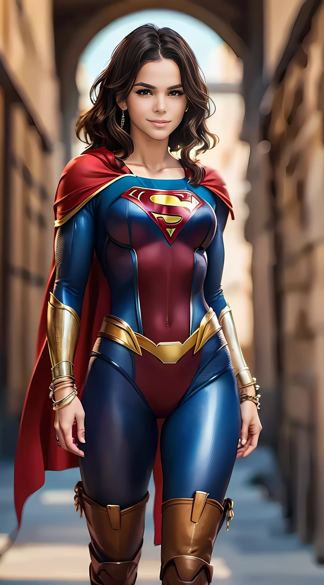 Photo of Bruna Marquezine, "Supergirl's masterpiece of art complete, high quality, ultra detailed in 4k, 8k, high resolution, hyper-realistic photo, hyper-detailed, realistic skin texture, amazing shadows, extremely detailed texture, perfect lighting, high-level image quality." A female superheroine, inspired by x-man, Fair skin, brown hair, outlined brown eyes, outlined face, bracelet, Full body, Nice super hero clothes, in the florest, outside a mansion, symbol S of superman, smile, perfect body, gorgeous woman, red cape