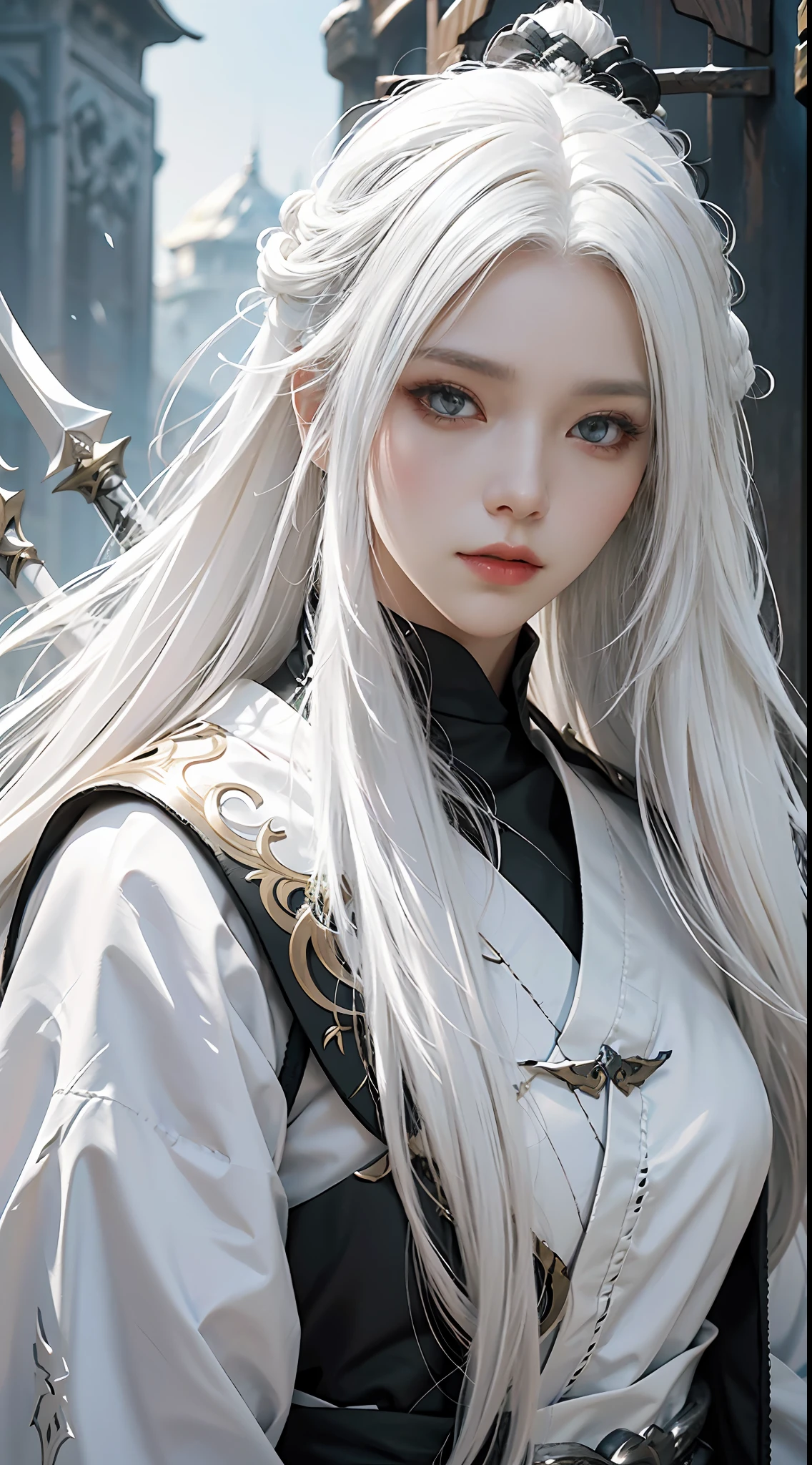 a close up of a person with white hair and a sword, white haired deity, with white long hair, with long white hair, artwork in the style of guweiz, white haired, guweiz, handsome guy in demon slayer art, beautiful character painting, by Yang J, white-haired, guweiz on pixiv artstation, anime character