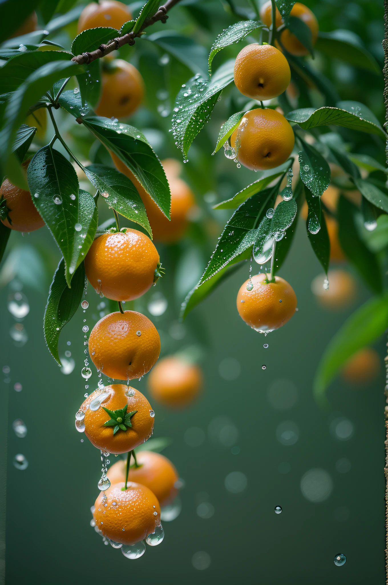 clementines on tree, droplets, fujifilm, fujicolor c200, depth of field