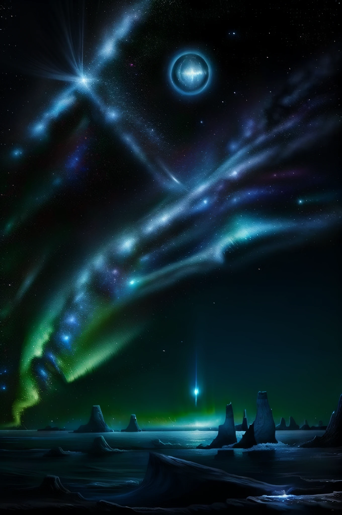 Hiper realista, pintura de corpo humano boiando, um vasto oceano de cromo, Night sky with a nebulous galaxy, A half-destroyed moon, aurora boreal. 4k