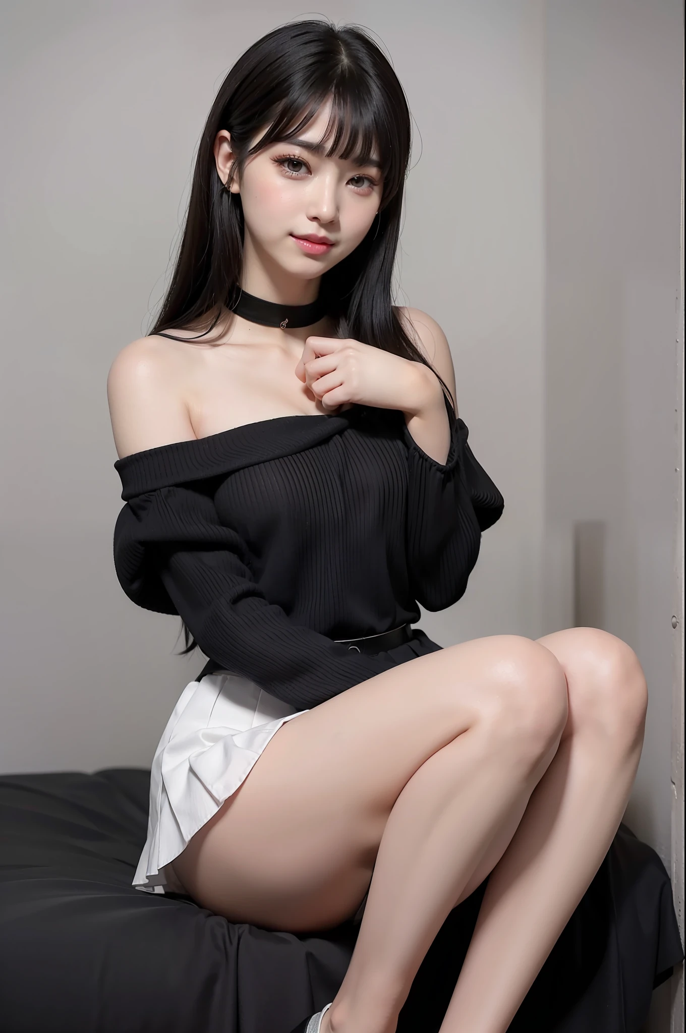 Photo Real、photoRealstic　hairstyle on、A dark-haired、Pure black hair、Straight hair、with a edgHimeCut hairstyle、Himecut Hairstyles、Himecut、Pattsun bangs、hair is completely down、heavy bangs、Long tactile sensation、Noticeable tactile sensations、Retro hairstyles　Narrow-eyed、Very narrowed eyes、Red eyeshadow、Dark eyeshadow、heavy eye makeup、Makeup that stands out、drooing eyes、Squint and smile、A smile that almost closes your eyelids、Plump cheeks、with round face、cute little、Puffy cheeks　Revealing clothing、Flashy clothes、Pretty clothes、Beautiful skin、skinny  body、Very soft thighs、a short skirt、Black skirt、White panties　hi-school girl、sixteen years old、full body Esbian、Boldly crouching pose