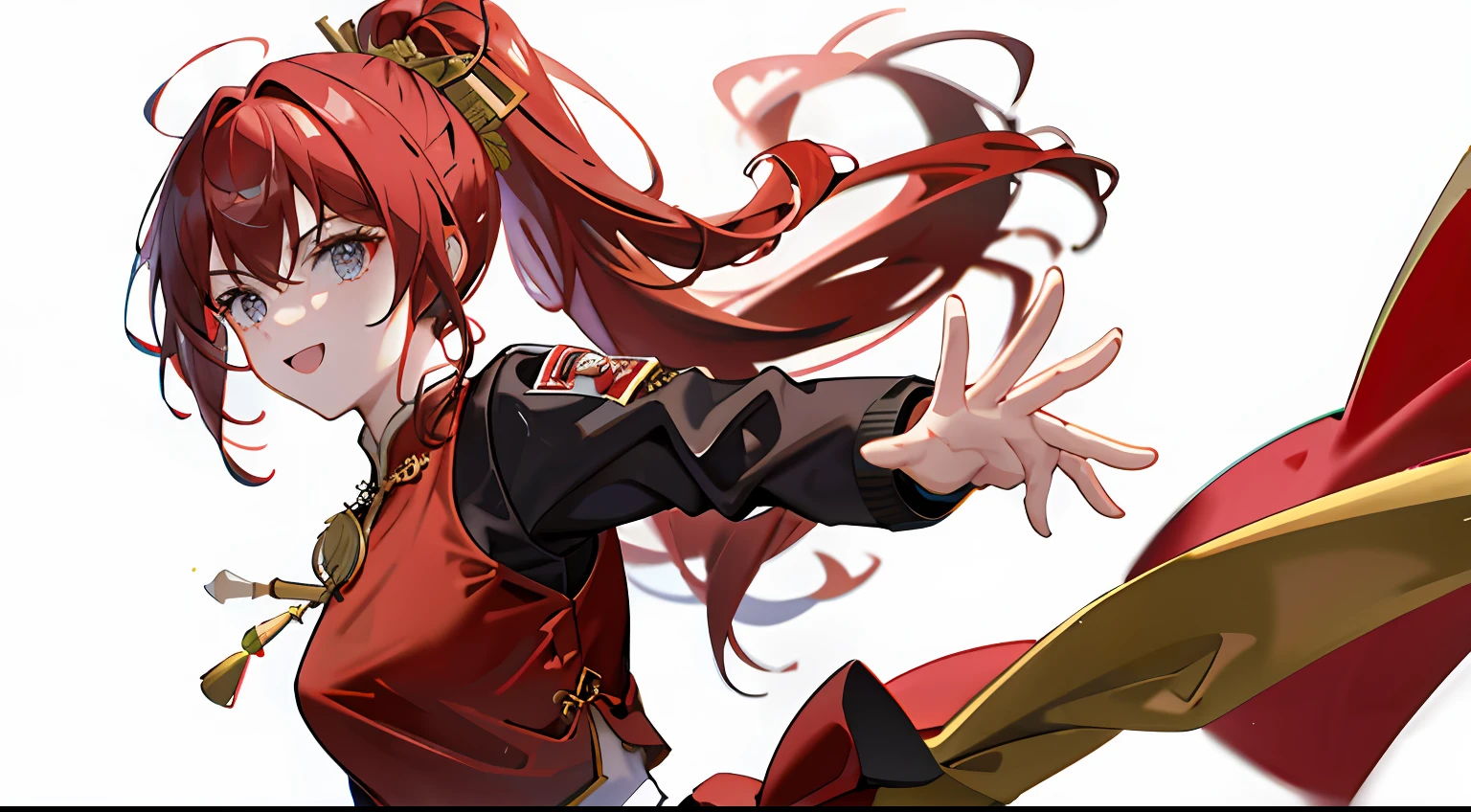 1girll, Chinese flag emblem,Martial arts costumes,Red top,Black underwear,pelo rojo corto,Gold accents,Don Dao,Domineering