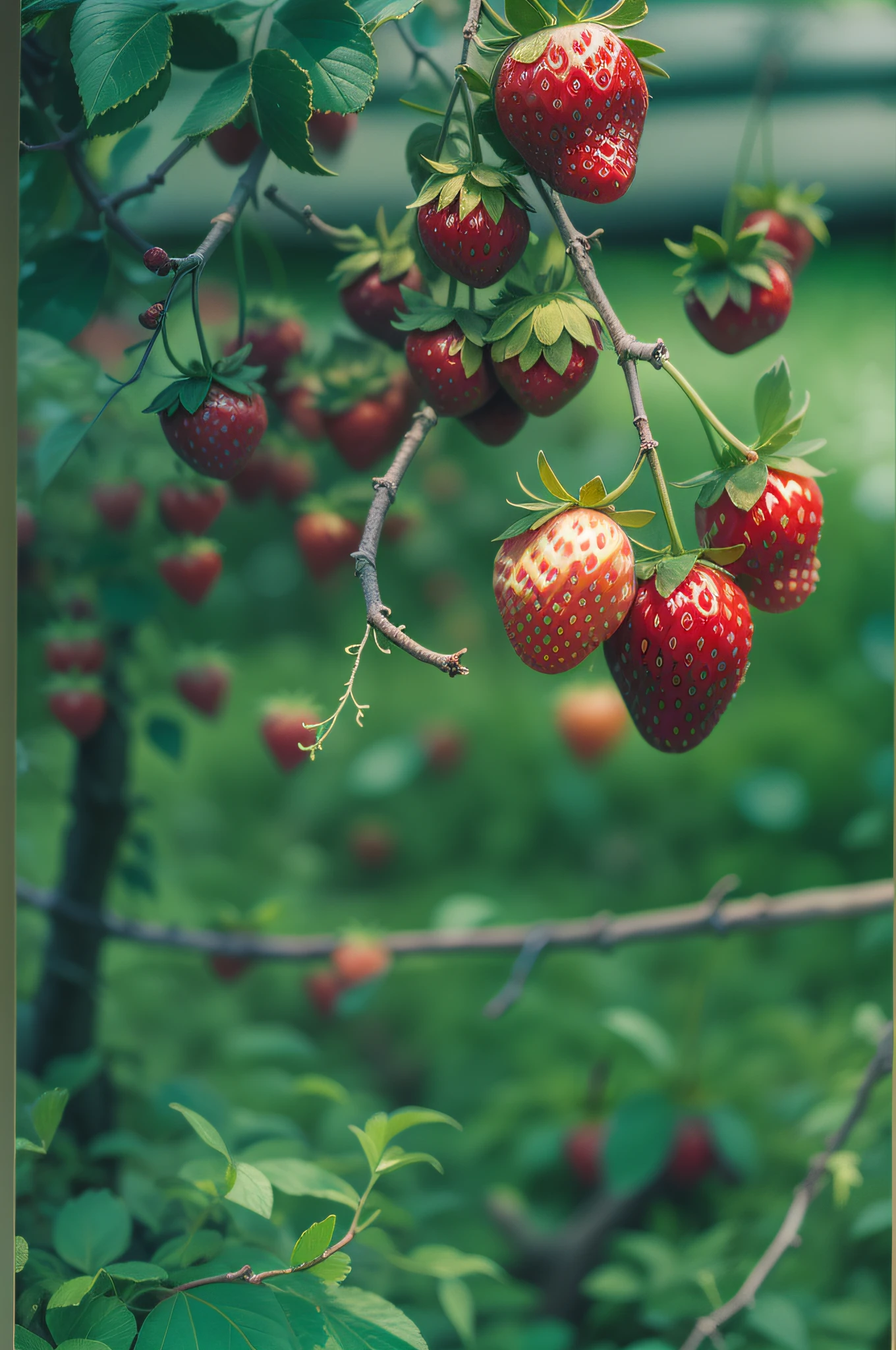 strawberries on tree, fujifilm, fujicolor c200, depth of field