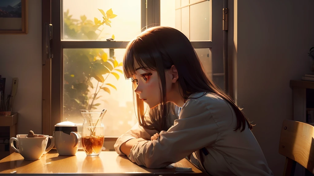 masutepiece、top-quality、Animated Movies、nostalgia、window、Summer twilight、Everyday scenery、Table by the window、glass cups on table top、Ice box almost melting in a glass cup、Beautiful girl staring out the window