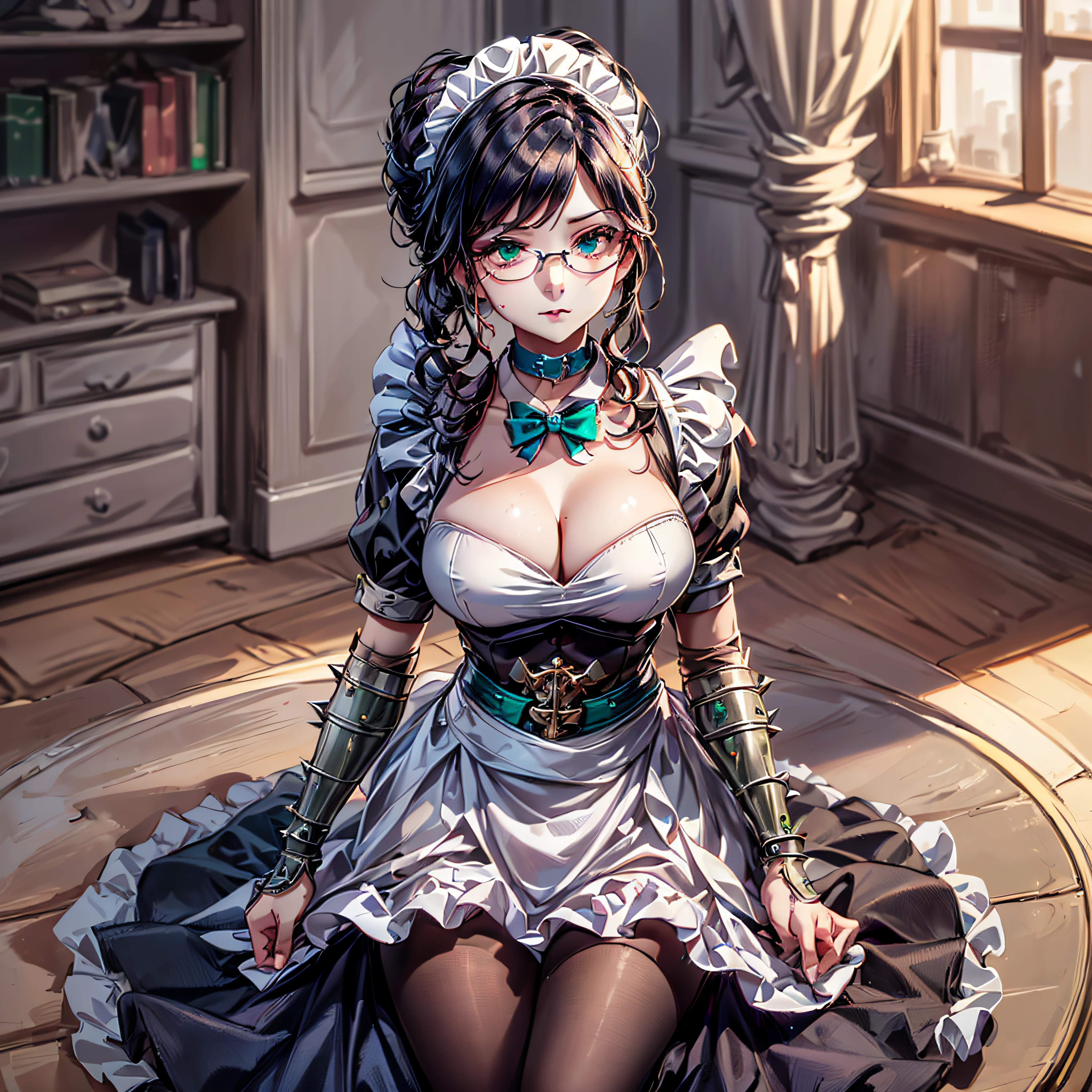 (1girl, yuri alpha:1.0), (anime overlord), (solo:1.4), (Maid_Dress), (64k, UHD, Raw photo, highes, Best Quality, mastepiece:2.0), (Ultra-fine depiction of details:3.0), (a serious, loyal, hard-working maid head, the vice-captain of the "Pleiades Six Stars", the battle maid squad of the Great Tomb of Nazarick), (a beautiful woman with an intelligent look), black hair, (elegant, vivid blue bowtie, ribbon:1.3), (green wristband), (She is equipped with highly elaborately designed, dark emerald green spiky gauntlets:1.5), (perfect face, perfect body, perfect figure, pink lips, slight blush), (cool, intellectual glasses), (slightly glowing blue eyes:1.3), (shiny sleek long hair, single hair bun, single braid bun, double bun), (silky, high-quality, majestic, gothic, ((low-key)), simple, long maid dress:1.5), (vivid blue gothic style choker:1.3), (pure white maid apron:1.2), (gigantic breasts:1.2), (sexy cleavage:1.1), inhouse, studying the orders issued by the master of [the Great Tomb of Nazarick, Ainz Ooal Gown], the room is filled with solemn atmosphere, (long shot, full body shot), (perfect lighting,)